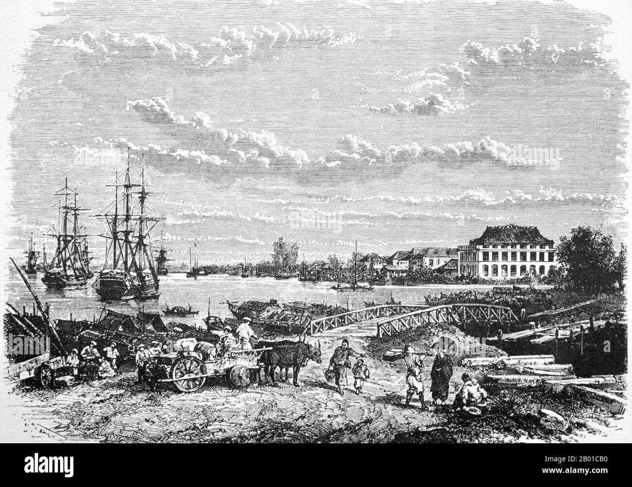 Vietnam: A view of the port of Saigon. Engraving by Theodor Alexander Weber (11 May 1838 - March 1907), 1872.  Ho Chi Minh City (Vietnamese: Thành phố Hồ Chí Minh, better known as Saigon (Vietnamese: Sài Gòn) is the largest city in Vietnam. It was once known as Prey Nokor, an important Khmer sea port prior to annexation by the Vietnamese in the 17th century.  Under the name Saigon, it was the capital of the French colony of Cochin-china and later of the independent state of South Vietnam from 1955 to 1975. Stock Photo