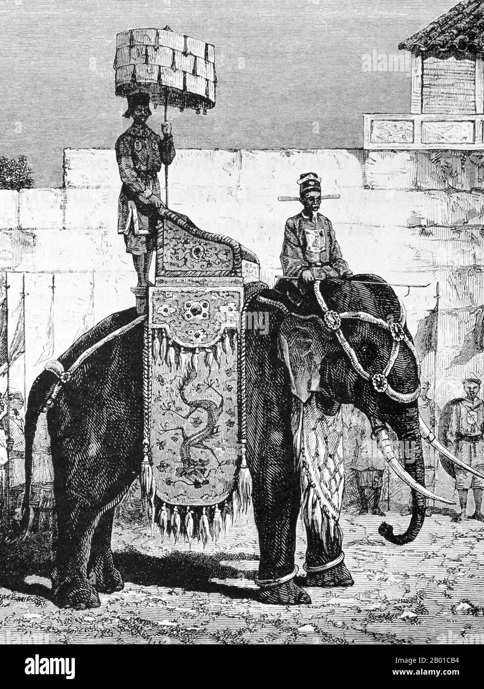 Vietnam: A richly caparisoned elephant of the royal court at Hue. Engraving by Paul Adolphe Kauffmann (8 July 1849 - 20 February 1940), 1878.  Huế originally rose to prominence as the capital of the Nguyễn Lords, a feudal dynasty which dominated much of southern Vietnam from the 17th to the 19th century. In 1775 when Trịnh Sâm captured it, it was known as Phú Xuân. In 1802, Nguyễn Phúc Ánh (later Emperor Gia Long) succeeded in establishing his control over the whole of Vietnam, thereby making Huế the national capital.  Huế was the national capital until 1945. Stock Photo