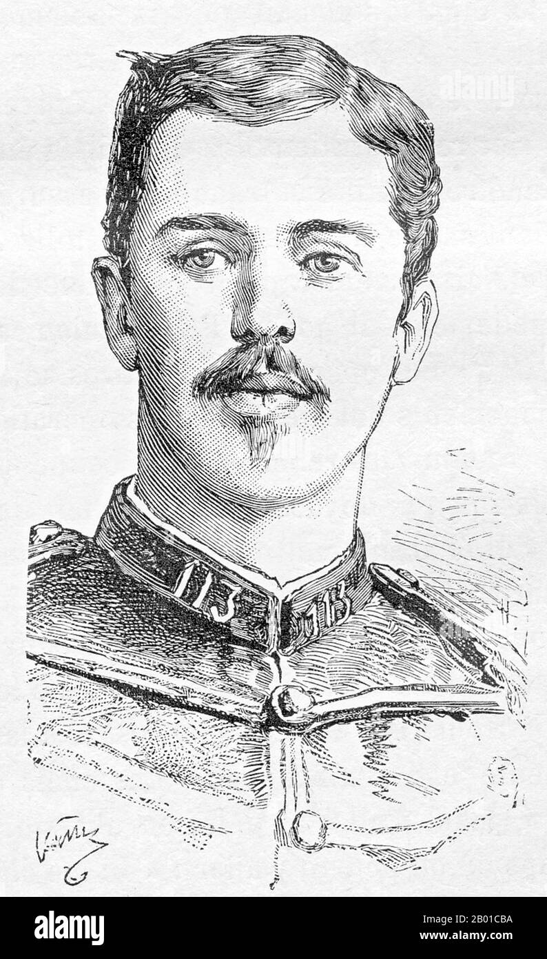 Vietnam: 2nd Lieutenant Emile Portier, 111th Line Battalion, killed in action at Dong Dang, 23 February 1885. Lithograph portrait by Charles-Lucien Huard (12 February 1837 - 22 January 1899), 1887.  The Tonkin Campaign (French: Campagne du Tonkin) was an armed conflict fought between June 1883 and April 1886 by the French against, variously, the Vietnamese, Liu Yongfu's Black Flag Army and the Chinese Guangxi and Yunnan armies to occupy Tonkin (northern Vietnam) and entrench a French protectorate there. Stock Photo