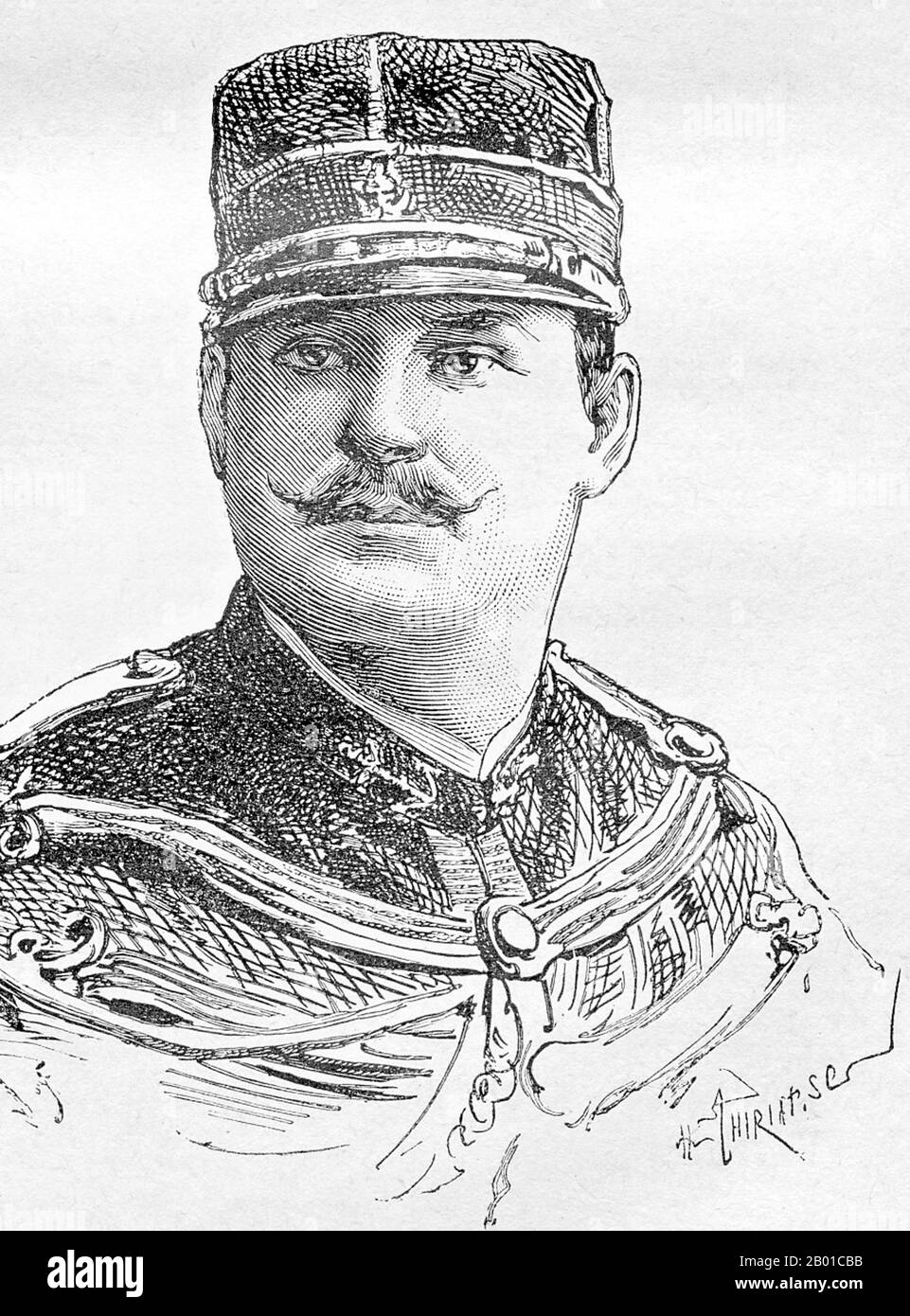 Vietnam: 2nd Lieutenant Bossant, marine infantry, killed in action in the Battle of Bac Vie, 12 February 1885. Lithograph portrait by Paul Henri Thiriat (30 December 1868 - 11 April 1943), 1887.  The Tonkin Campaign (French: Campagne du Tonkin) was an armed conflict fought between June 1883 and April 1886 by the French against, variously, the Vietnamese, Liu Yongfu's Black Flag Army and the Chinese Guangxi and Yunnan armies to occupy Tonkin (northern Vietnam) and entrench a French protectorate there. Stock Photo