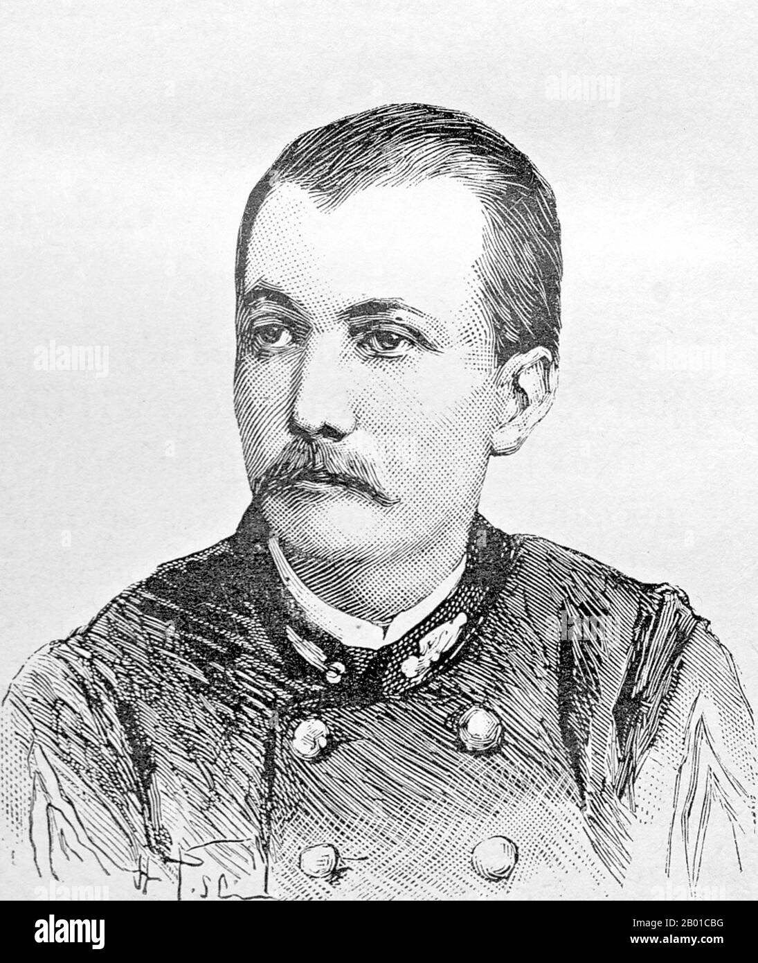 Vietnam: Captain Gravereau, 2nd Foreign Legion Battalion, killed in action at Tay Hoa, 4 February 1885. Lithograph portrait by Charles-Lucien Huard (12 February 1837 - 22 January 1899), 1887.  The Tonkin Campaign (French: Campagne du Tonkin) was an armed conflict fought between June 1883 and April 1886 by the French against, variously, the Vietnamese, Liu Yongfu's Black Flag Army and the Chinese Guangxi and Yunnan armies to occupy Tonkin (northern Vietnam) and entrench a French protectorate there. Stock Photo