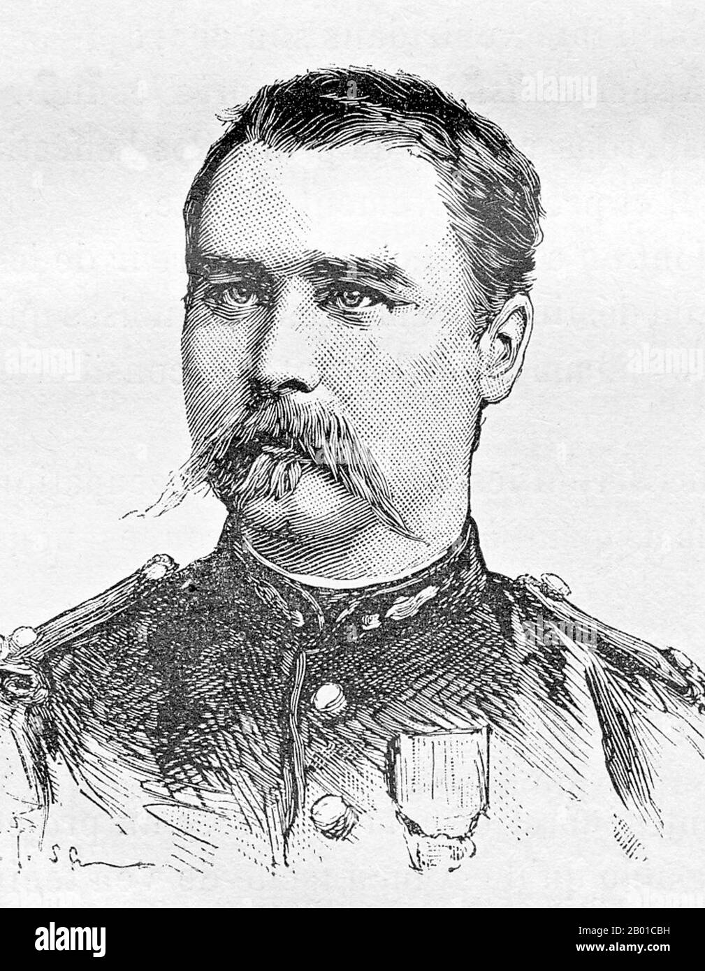 Vietnam: Captain Cotter, 2nd Foreign Legion Battalion, killed in action at Bang Bo, 24 March 1885. Lithograph portrait by Charles-Lucien Huard (12 February 1837 - 22 January 1899), 1887.  The Tonkin Campaign (French: Campagne du Tonkin) was an armed conflict fought between June 1883 and April 1886 by the French against, variously, the Vietnamese, Liu Yongfu's Black Flag Army and the Chinese Guangxi and Yunnan armies to occupy Tonkin (northern Vietnam) and entrench a French protectorate there. Stock Photo