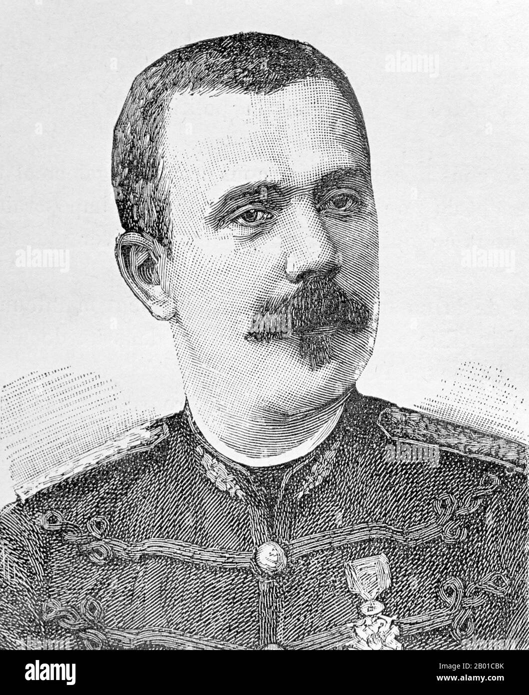 France/Vietnam: Doctor Raynaud, 111th Line Battalion, killed in action at Bang Bo, 24 March 1885. Lithograph portrait by Charles-Lucien Huard (12 February 1837 - 22 January 1899), 1887.  The Tonkin Campaign (French: Campagne du Tonkin) was an armed conflict fought between June 1883 and April 1886 by the French against, variously, the Vietnamese, Liu Yongfu's Black Flag Army and the Chinese Guangxi and Yunnan armies to occupy Tonkin (northern Vietnam) and entrench a French protectorate there. Stock Photo