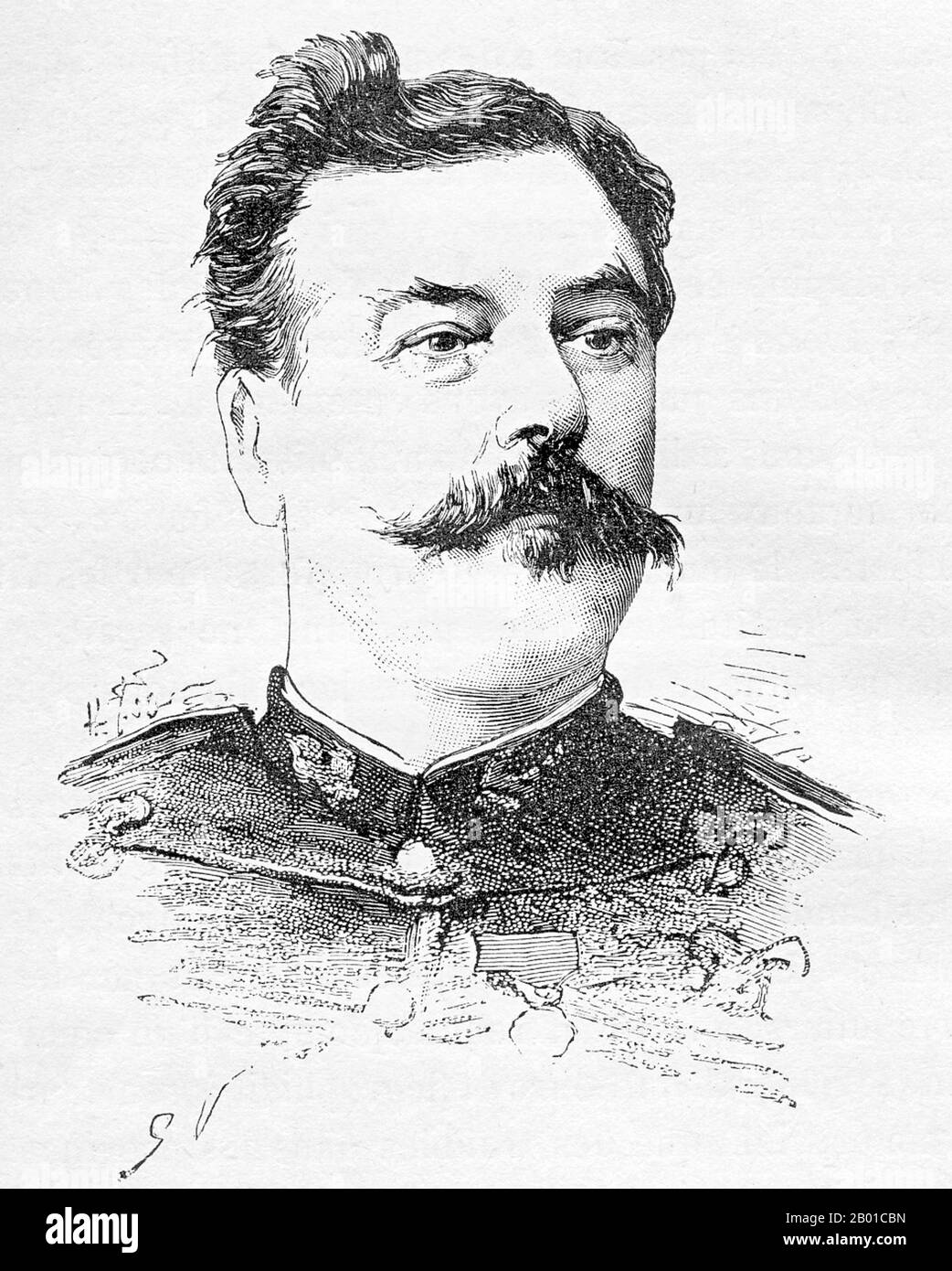 France/Vietnam: Captain Tailland, a marine infantry officer who distinguished himself at the Battle of Nui Bop, 4 January 1885, and was killed at the Battle of Hoa Moc, 2 March 1885. Lithograph portrait by Charles-Lucien Huard (12 February 1837 - 22 January 1899), 1887.  The Tonkin Campaign (French: Campagne du Tonkin) was an armed conflict fought between June 1883 and April 1886 by the French against, variously, the Vietnamese, Liu Yongfu's Black Flag Army and the Chinese Guangxi and Yunnan armies to occupy Tonkin (northern Vietnam) and entrench a French protectorate there. Stock Photo