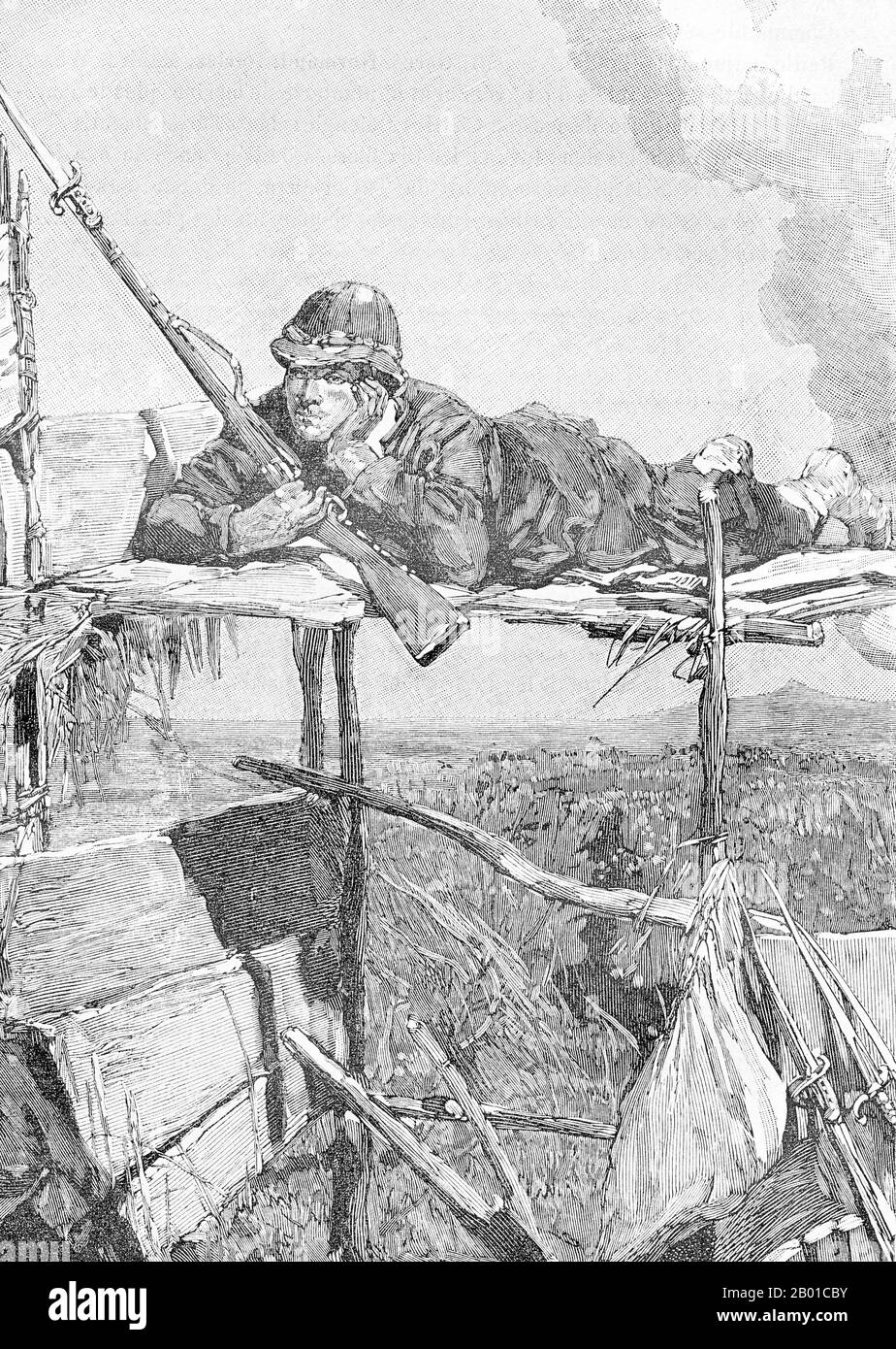 Vietnam: French Foreign Legion sniper during the Siege of Tuyen Quang, November 1884 to March 1885. Engraving by Charles-Lucien Huard (12 February 1837 - 22 January 1899), 1887.  The Tonkin Campaign (French: Campagne du Tonkin) was an armed conflict fought between June 1883 and April 1886 by the French against, variously, the Vietnamese, Liu Yongfu's Black Flag Army and the Chinese Guangxi and Yunnan armies to occupy Tonkin (northern Vietnam) and entrench a French protectorate there. Stock Photo