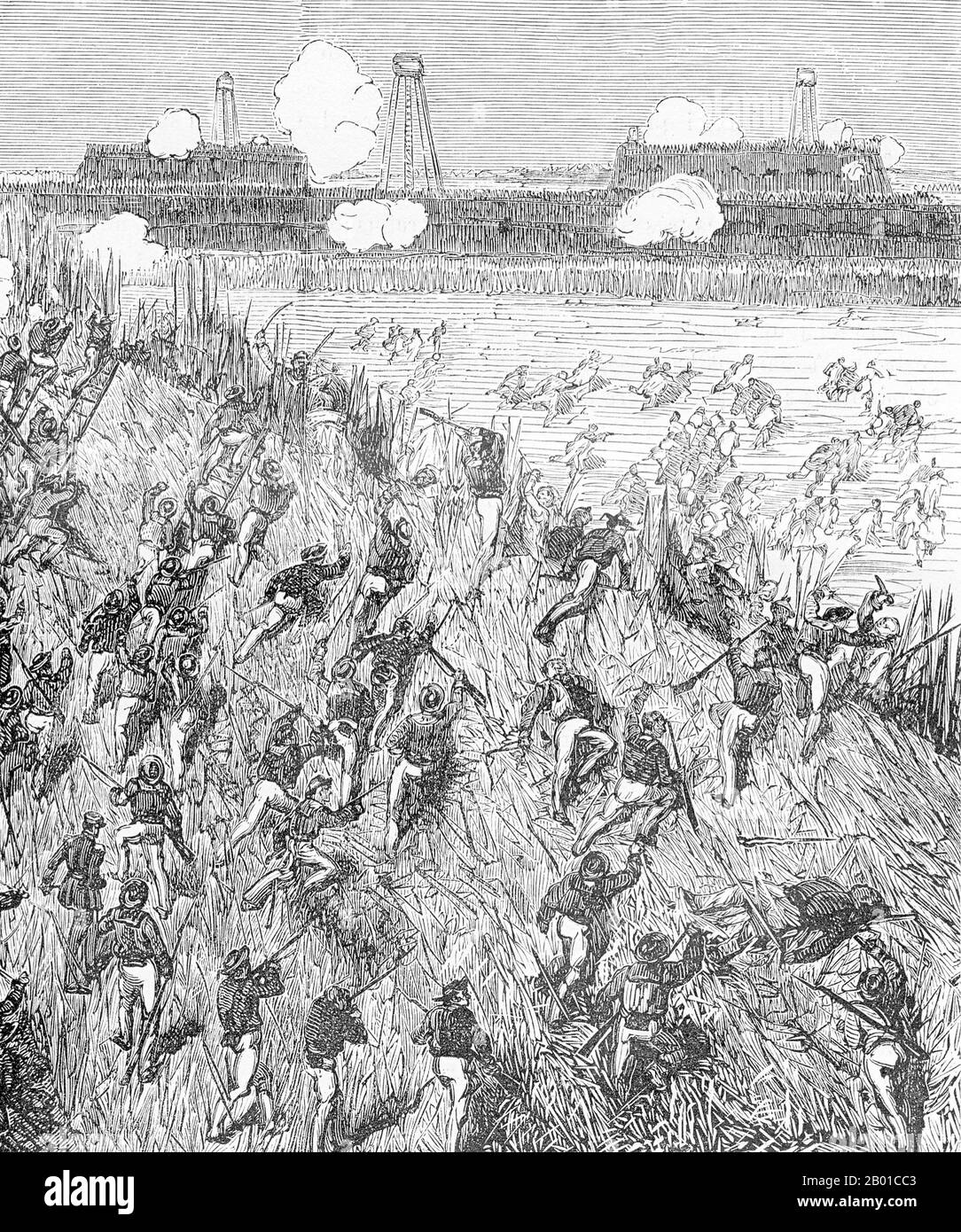Vietnam: French sailors attack the Thuan An forts, 20 August 1883. Engraving by Charles-Lucien Huard (12 February 1837 - 22 January 1899), 1887.  The Tonkin Campaign (French: Campagne du Tonkin) was an armed conflict fought between June 1883 and April 1886 by the French against, variously, the Vietnamese, Liu Yongfu's Black Flag Army and the Chinese Guangxi and Yunnan armies to occupy Tonkin (northern Vietnam) and entrench a French protectorate there. Stock Photo