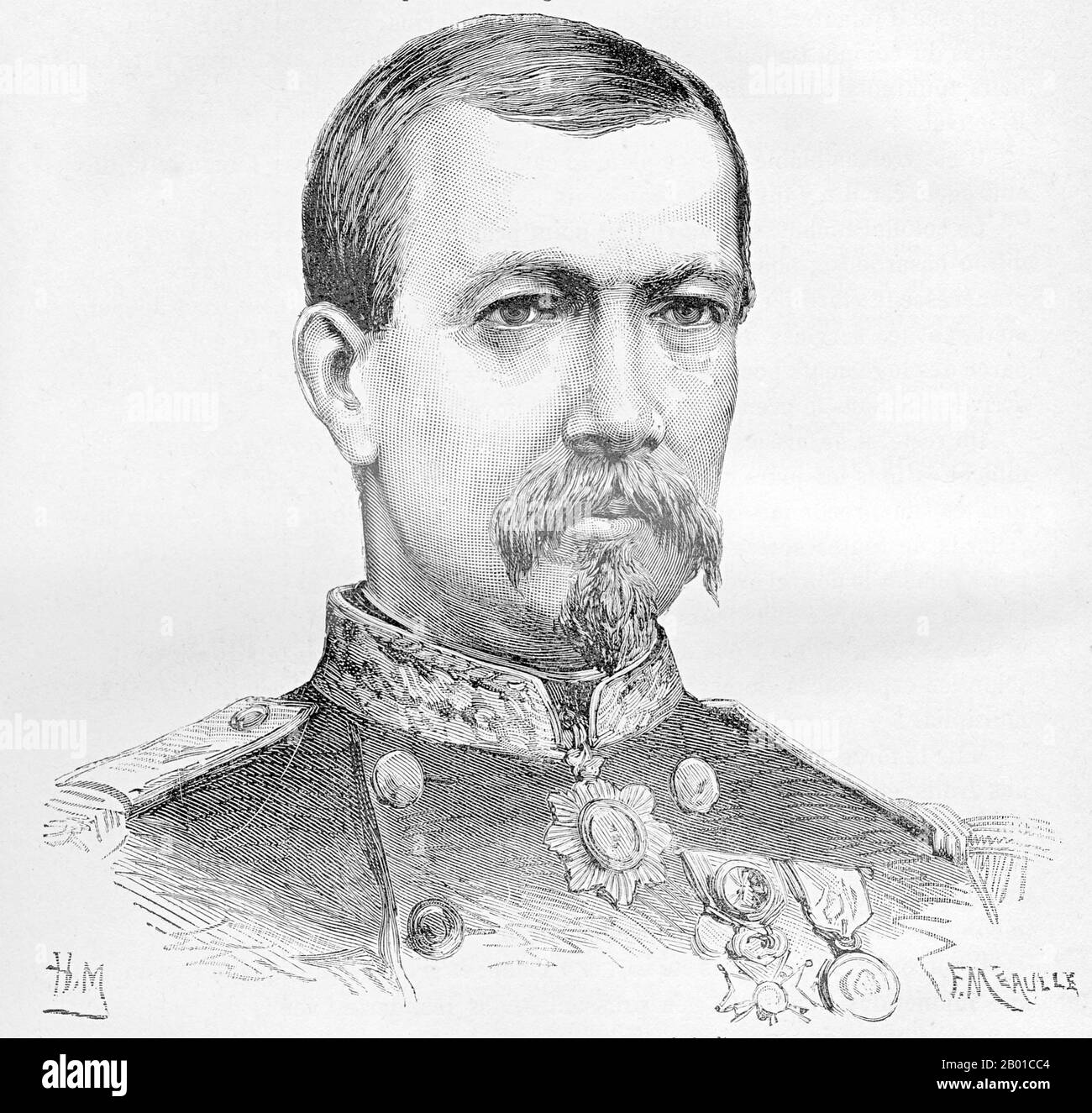 France/Vietnam: Lieutenant-Colonel Anicet-Edmond-Justin Bichot (1835-1908), from an 1883 photograph. Lithograph portrait by Charles-Lucien Huard (12 February 1837 - 22 January 1899), 1887.  The Tonkin Campaign (French: Campagne du Tonkin) was an armed conflict fought between June 1883 and April 1886 by the French against, variously, the Vietnamese, Liu Yongfu's Black Flag Army and the Chinese Guangxi and Yunnan armies to occupy Tonkin (northern Vietnam) and entrench a French protectorate there. Stock Photo