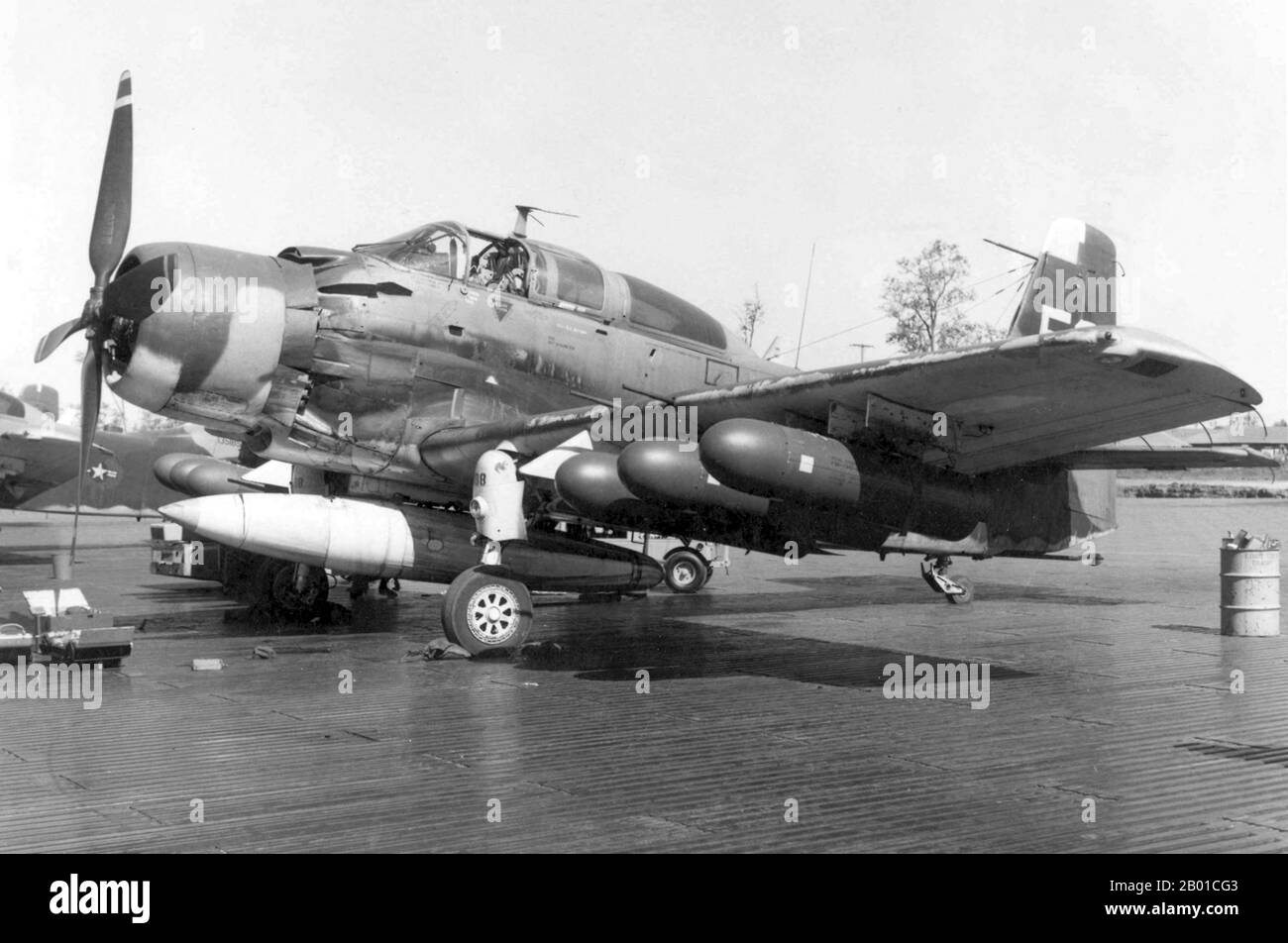 Vietnam: A USAF Douglas A-1E  Skyraider of the 14th Air Commando Wing at Nha Trang Air Base, c. 1966-1967.  The Second Indochina War, known in America as the Vietnam War, was a Cold War era military conflict that occurred in Vietnam, Laos, and Cambodia from 1 November 1955 to the fall of Saigon on 30 April 1975. This war followed the First Indochina War and was fought between North Vietnam, supported by its communist allies, and the government of South Vietnam, supported by the U.S. and other anti-communist nations. Stock Photo