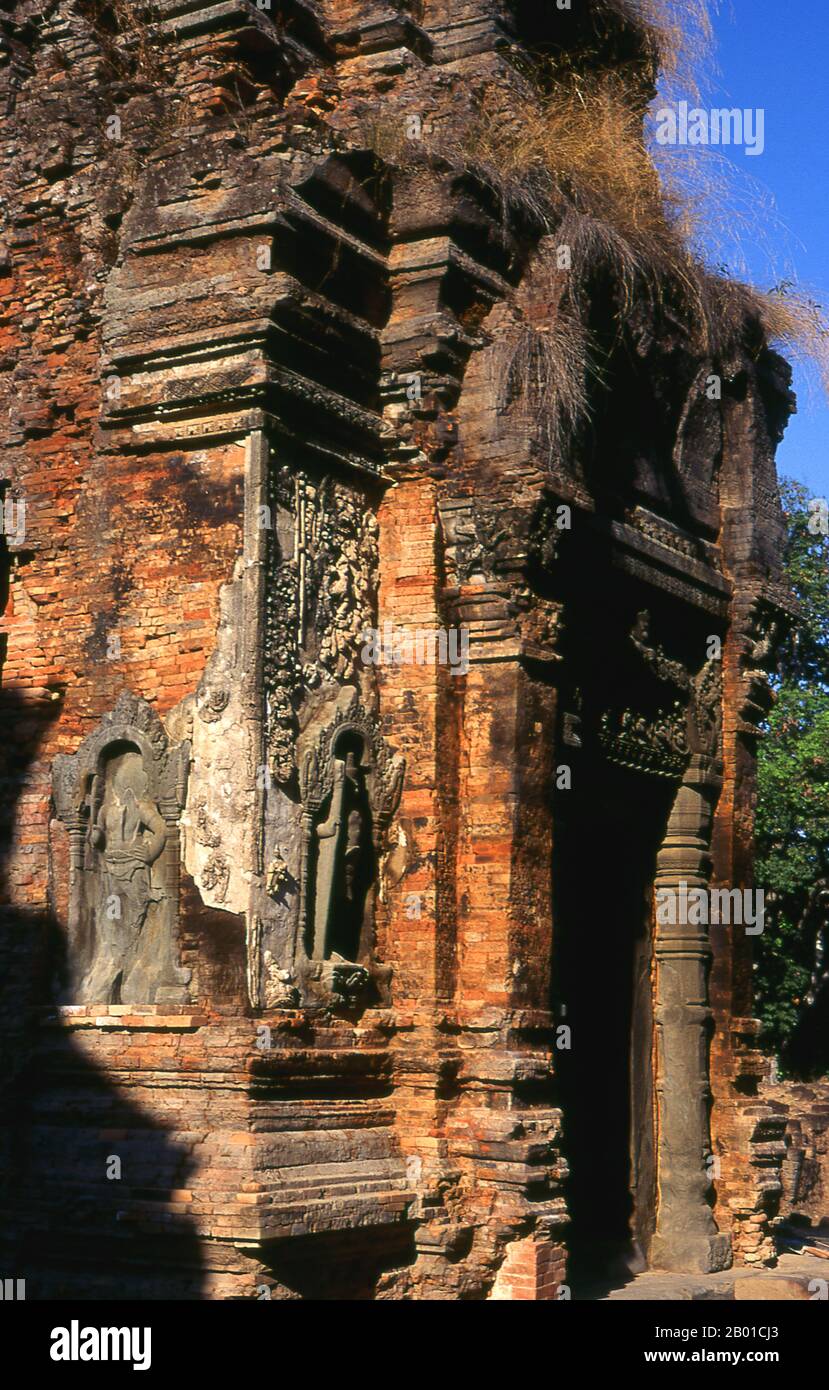 Cambodia: One of the six main brick towers, Preah Ko temple, Roluos Complex, Angkor.  Preah Ko (The ‘sacred bull’) was built by King Indravarman I (877-889), and was a Hindu temple dedicated to the worship of Shiva and constructed in memory of Indravarman’s parents and an earlier king, Jayavarman II, the founder of Roluos.  The main sanctuary of Preah Ko consists of six brick towers set on a low laterite platform. Formerly each tower would have contained an image of a Hindu deity, but these have long since disappeared. Stock Photo