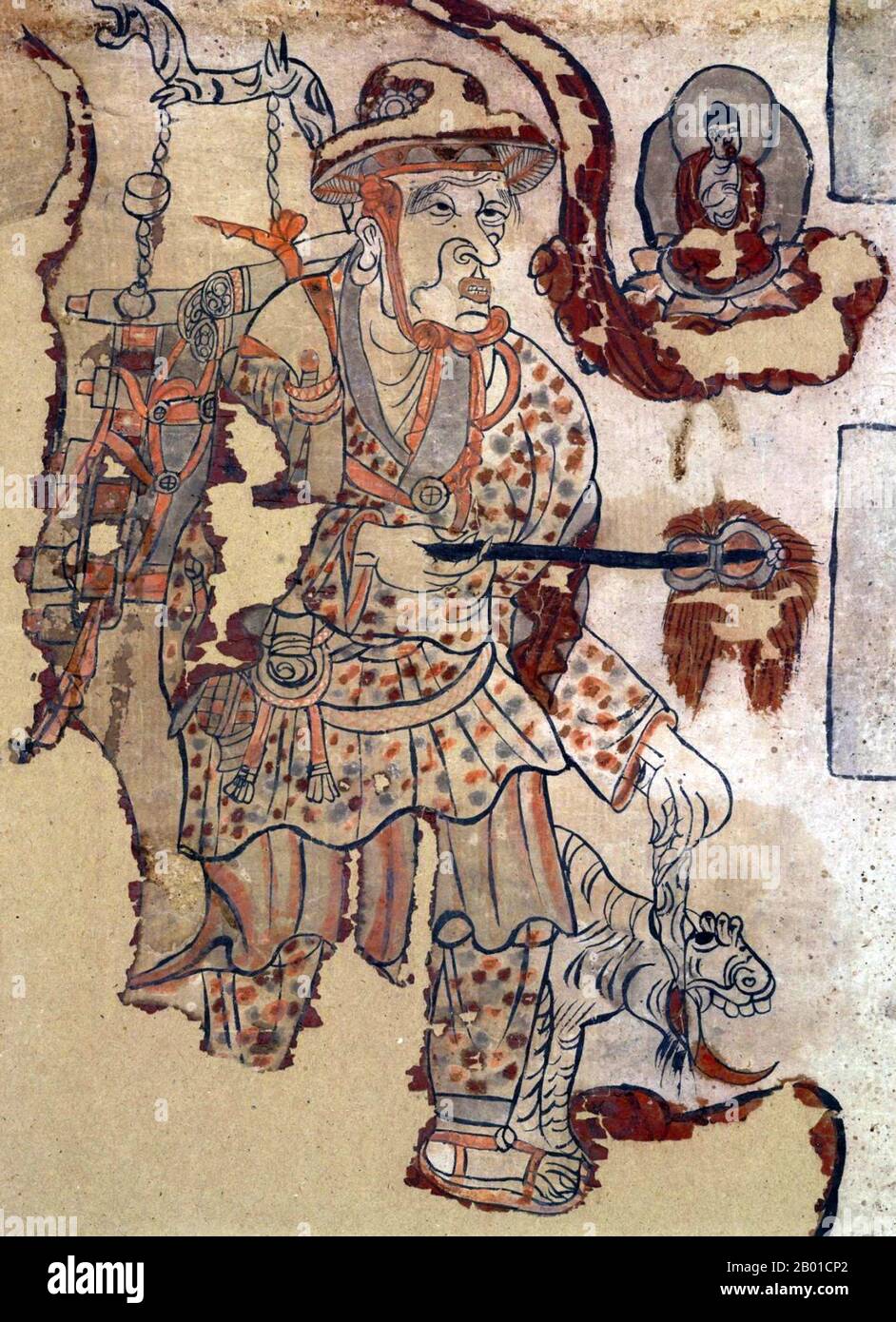 China: A traveller on the antique Silk Road, widely supposed to represent the itinerant monk Xuanzang. Hanging scroll painting, Dunhuang, 9th century.  Xuanzang ( Wade-Giles: Hsüan-tsang, c. 602-664) was a famous Chinese Buddhist monk, scholar, traveler and translator who described the interaction between China and India in the early Tang period. Born in Henan province of China in 602 or 603, from boyhood he took to reading sacred books, including the Chinese Classics and the writings of the ancient sages. Stock Photo