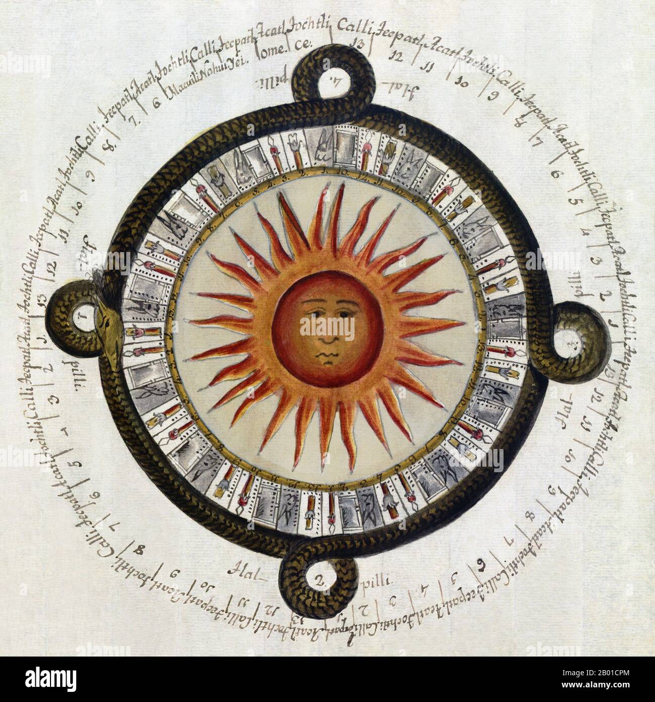 Mexico: An illustration depicting an ancient Aztec calendar found in Mexico City, by Antonio de Leon y Gama (1735-1802), 1792.  An illustration depicting an ancient Mexican calendar. The Maya and Aztec calendars are the most familiar of the Mexican calendars, but similar ones were used by other cultures.  Common to all Mesoamerican cultures was the 260-day ritual calendar that had no confirmed correlation to astronomical or agricultural cycles.  These were used in combination with a separate 365-day calendar to create a 52-year cycle known as a calendar round. Stock Photo