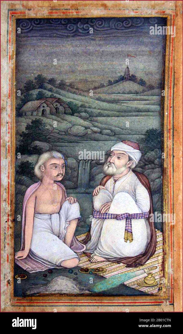 India: Miniature painting of a swami in conversation with a sadhu, c. early 19th century.  Sannyasa is the order of life of the renouncer within the Hindu scheme of āśramas, or life stages. It is considered the topmost and final stage of the ashram systems and is traditionally taken by men or women at or beyond the age of fifty years old or by young monks who wish to renounce worldly and materialistic pursuits and instead dedicate their entire life towards spiritual pursuits.  In this phase of life, the person develops vairāgya, or a state of dispassion and detachment from material life. Stock Photo
