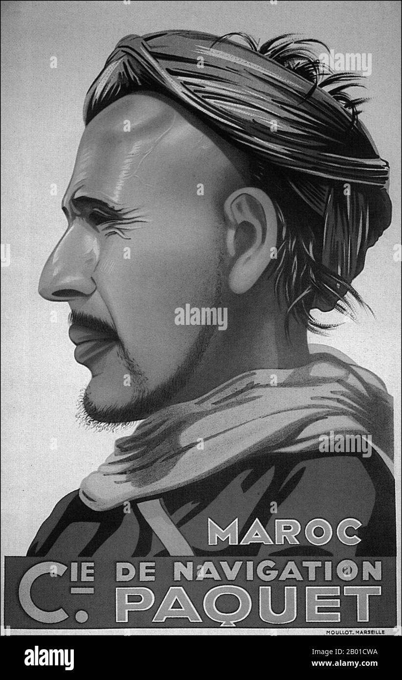 Morocco: Poster advertisement for Morocco by the French company Paquet Navigation, c. 1930.  France showed a strong interest in Morocco from as early as 1830. Recognition by the United Kingdom in 1904 of France's sphere of influence in Morocco provoked a reaction from the German Empire; the crisis of June 1905 was resolved at the Algeciras Conference, Spain in 1906, which formalized France's 'special position' and entrusted policing of Morocco jointly to France and Spain. Stock Photo