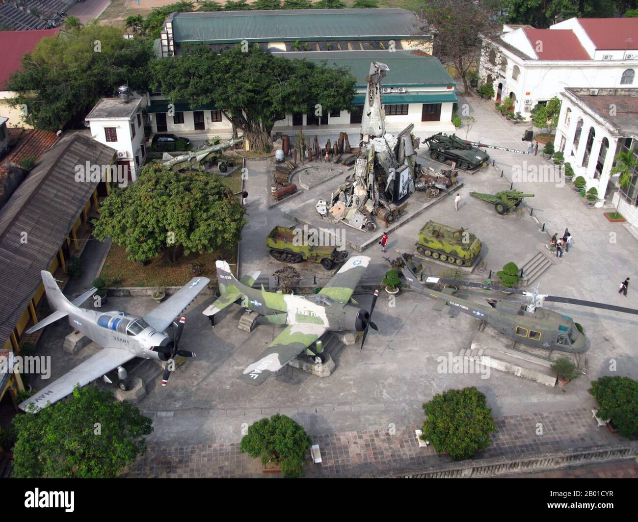 Vietnam: The rear court of the Army Museum, Hanoi, seen from above, centred on a pyramid of wreckage of shot down planes including parts of a USAF B-52, an F-111 and a French transport plane, 2009. Photo by Sergyei Belyi (public domain).  The Army Museum is one of six national museums in Vietnam. It was established in 22 December 1959, in the centre of Hanoi, and covers 10,000 square metres in area.  The Army Museum offers a comprehensive and patriotic history of the Vietnamese people's armed forces under the leadership of Vietnam's communist party and of president Ho Chi Minh. Stock Photo