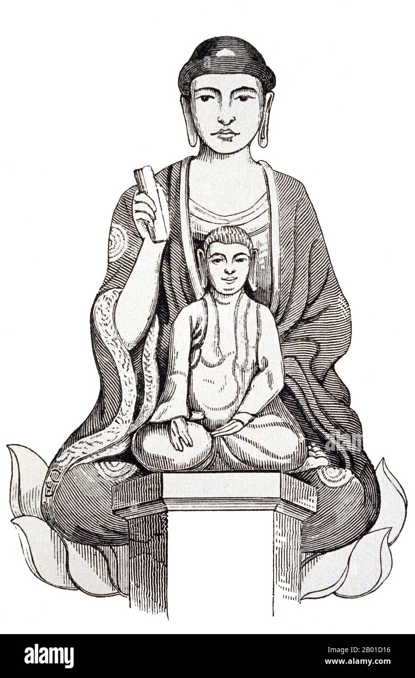 Vietnam: Buddha images at a temple in Hoi An. Illustration, c. 1827.  Hội An is a city on Vietnam's south central coast situated next to the South China Sea (East Sea) . It is located in Quảng Nam province and is home to approximately 120,000 inhabitants. It has been recognized as World Heritage Site by UNESCO. Stock Photo