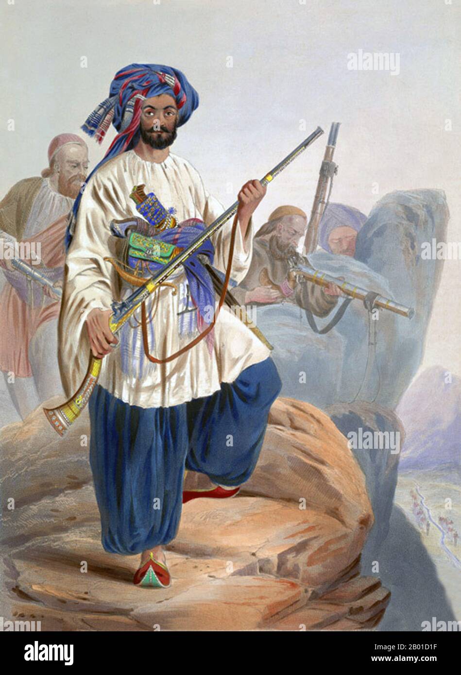 Afghanistan: Mir Alam of Kohistan. Lithograph from 'Afghaunistan' by Lieutenant James Rattray (1818 - 24 October 1854), c. 1839-1841.  The Kohistani is Mir Alam, formerly one of a band of noted robbers on the road to Turkestan, north-west of Begram. Rattray wrote: 'Coistaun has always been remarkable for the war-like character of its inhabitants, who average some forty thousand families famous for the efficiency and excellence of their Pyadas (foot-soldiery). As light infantry they are unrivalled...' Stock Photo