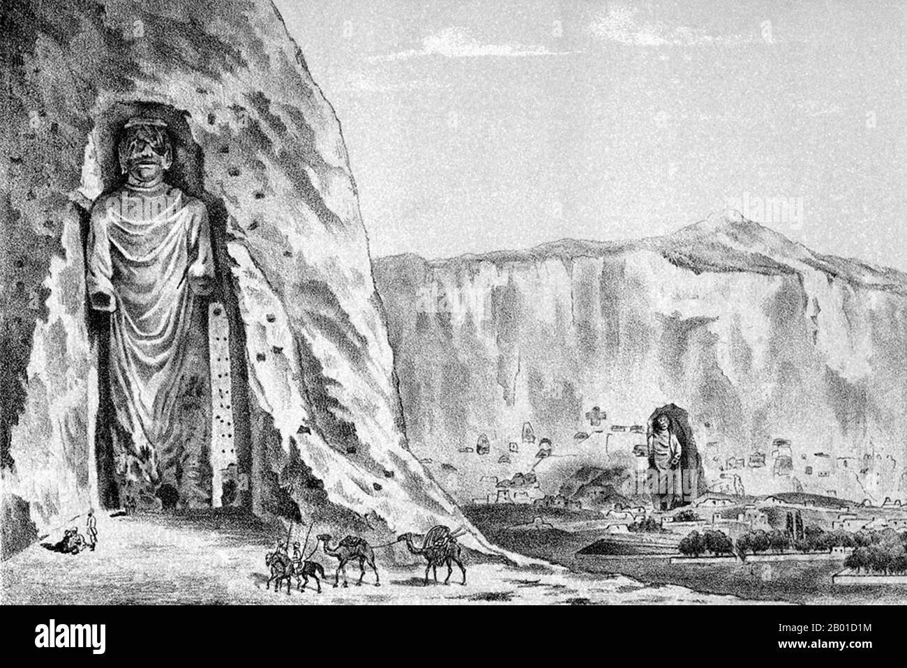 The Buddhas of Bamiyan were two 6th century monumental statues of standing Buddhas carved into the side of a cliff in the Bamiyan valley in the Hazarajat region of central Afghanistan, situated 230 km (143 miles) northwest of Kabul at an altitude of 2,500 meters (8,202 ft).  Built in 507 CE, the larger in 554 CE, the statues represented the classic blended style of Gandhara art. The main bodies were hewn directly from the sandstone cliffs, but details were modeled in mud mixed with straw, coated with stucco. This coating, practically all of which was worn away long ago, was painted to enhance Stock Photo
