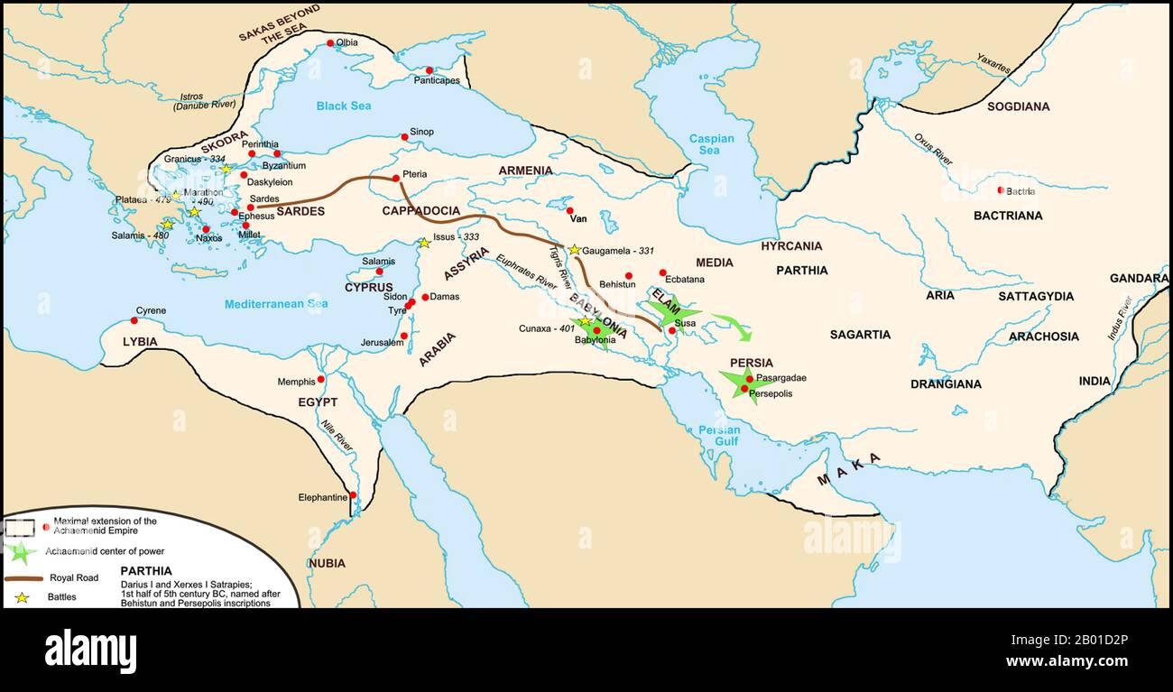 Middle East: Map of the Persian Achaemenid Empire and the section of the Royal Road noted by Herodotus, c. 5th century BCE, by Fabienkhan (CC BY-SA 3.0 License).  The Persian Royal Road was an ancient highway reorganised and rebuilt by the Persian king Darius the Great (Darius I) of the Achaemenid Empire in the 5th century BCE. Darius built the road to facilitate rapid communication throughout his empire.  The course of the road has been reconstructed from the writings of Herodotus, archeological research, and other historical records. Stock Photo