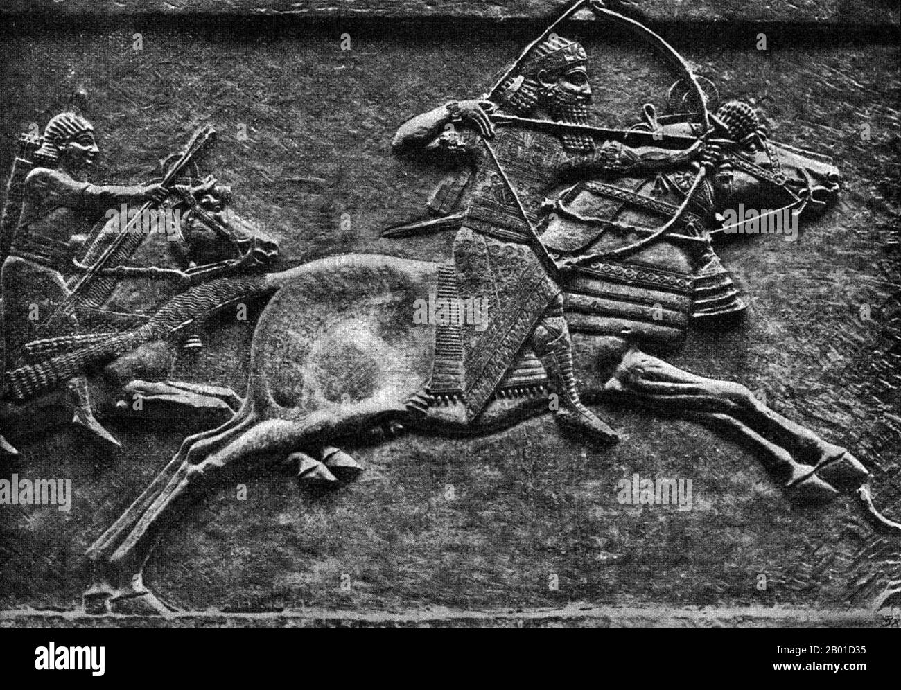 Iraq: King Ashurbanipal (685-627 BCE) hunting in a palace relief from Nineveh, c. 640 BCE.  Ashurbanipal, also spelt Assurbanipal or Ashshurbanipal, was an Assyrian king, the son of Esarhaddon and the last great king of the Neo-Assyrian Empire (r. 668-627 BCE). He established the first systematically organised library in the ancient Middle East, the Library of Ashurbanipal, which survives in part today at Nineveh.  In the Bible he is called Asenappar (Ezra 4:10). Roman historian Justinus identified him as Sardanapalus. Stock Photo