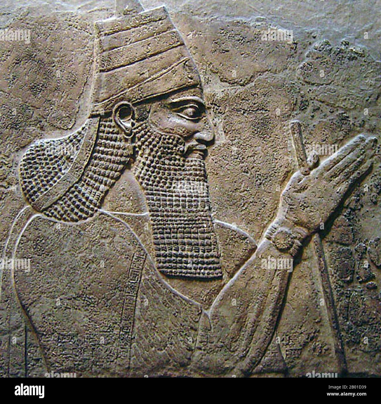 Iraq: Tiglath-Pileser III, King of Assyria (c. 795-727 BCE). Gypsum wall panel relief, 728 BCE.  Tiglath-Pileser III  was a prominent king of Assyria in the eighth century BCE (r. 745-727 BCE), and is widely regarded as the founder of the Neo-Assyrian Empire.  Tiglath-Pileser III seized the Assyrian throne during a civil war and killed the royal family. He made sweeping changes to the Assyrian government, considerably improving its efficiency and security. Assyrian forces became a standing army. He is considered to be one of the most successful military commanders in world history. Stock Photo