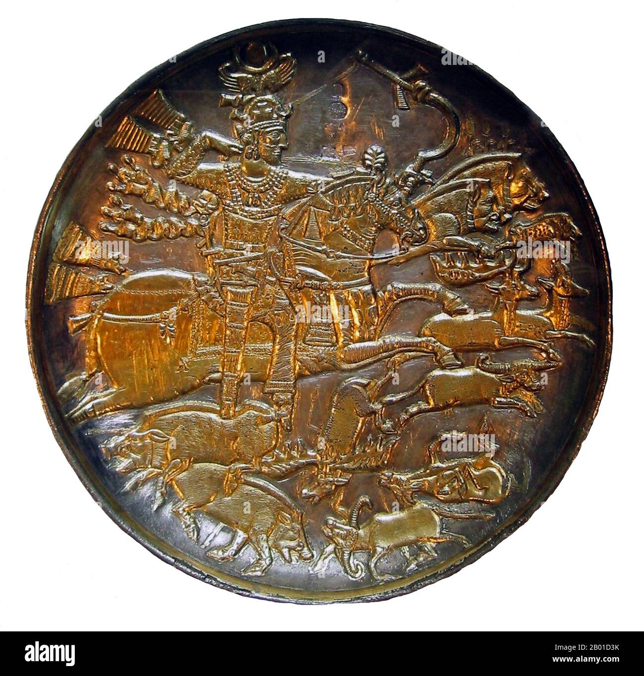 Iran: Hunting scene on a gilded silver bowl depicting King Khosrau I (512/514-579 CE), 7th century. Photo by World Imaging (CC BY-SA 3.0 License).  Khosrau I (also called Xusro, Khosnow, Chusro, Khusro, Husraw or Khosrow, Chosroes in classical sources, most commonly known in Persian as Anushirvan, meaning the Immortal Soul), also known as Anushiravan the Just (r. 531-579), was the 25th Sassanid 'Shahanshah' (King of Kings) of Persia, and the most famous and celebrated of the Sasanian rulers. Stock Photo