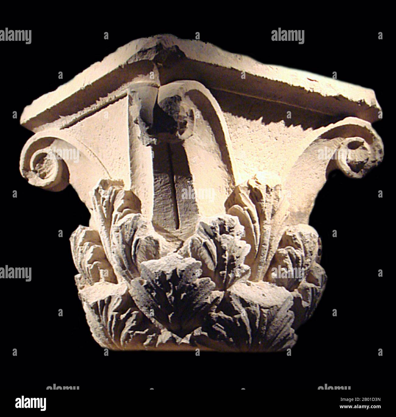 Afghanistan: A Greco-Gandharan 'Corinthian' column capital from the citadel at Ai-Khanoum, 3rd-2nd century BCE.  Ai-Khanoum or Ay Khanum ( 'Lady of the Moon' in Uzbek, probably the historical Alexandria on the Oxus, also possibly named Eucratidia), was founded in the 4th century BCE, following the conquests of Alexander the Great and was one of the primary cities of the Greco-Bactrian kingdom. The city is located in Kunduz Province northern Afghanistan, at the confluence of the Oxus river (today's Amu Darya) and the Kokcha river. Ai-Khanoum was one of the focal points of Hellenism in the East. Stock Photo