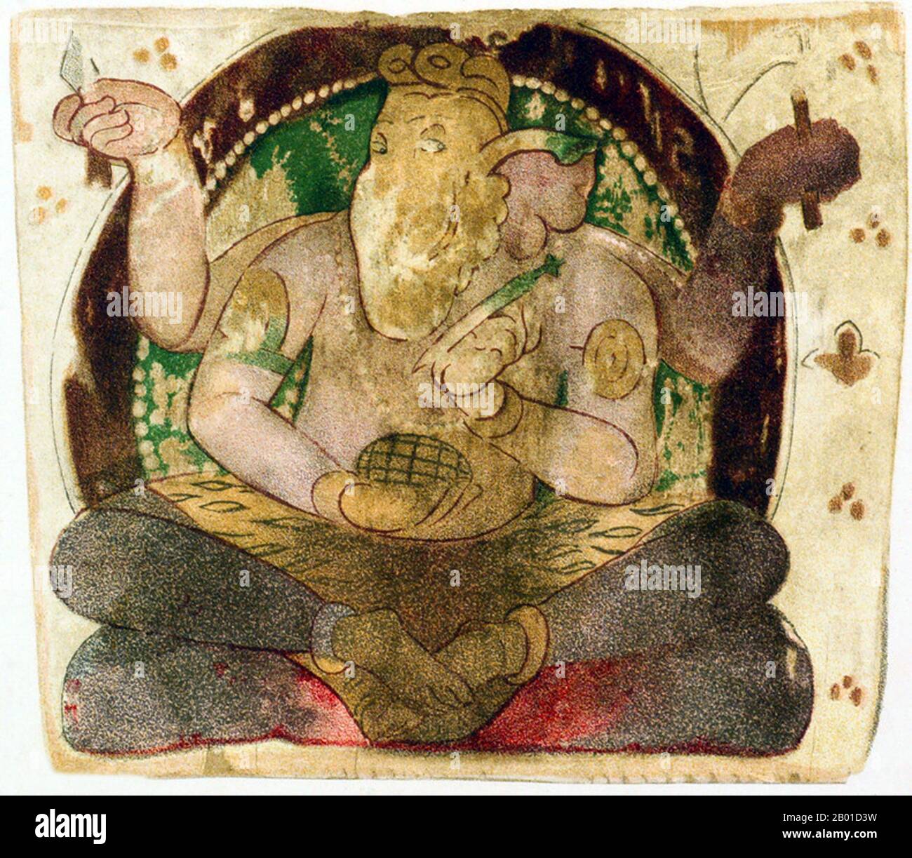 China: Panel from Dandan Oilik believed to represent the Hindu God Ganesh, 7th-8th century CE.  Dandan Oilik is a deserted historical town and desert oasis in the Taklamakan Desert of Xinjiang, China. Dandan Oilik was an important (though small) centre of local Buddhism and trade on the Silk Road. Its name means 'Houses of Ivory' and has been the site of a small number of significant archeological finds.  Having been abandoned hundreds of years ago, the oasis was found and lost to shifting desert sands several times. Stock Photo