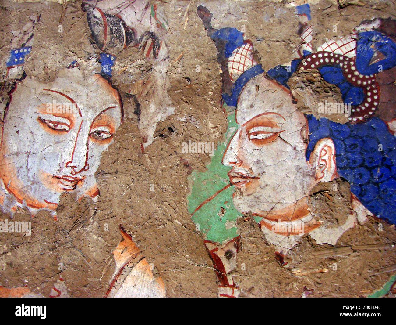 China: Devotees listening to a sermon of the Buddha, mural from Kizil Thousand Buddha Caves, Kuqa, Xinjiang, 6th-7th century CE.  The Kizil Caves (Qizil Ming Oy; Kizil Cave of a Thousand Buddhas) are 236 Buddhist rock-cut caves located near Kizil Township in Xinjiang. The site is located on the northern bank of the Muzat River 75 kilometres by road northwest of Kucha (Kuqa). This area was a commercial hub of the Silk Road.  The caves are said to be the earliest major Buddhist cave complex in Xinjiang, with development occurring between the 3rd and 8th centuries. Stock Photo