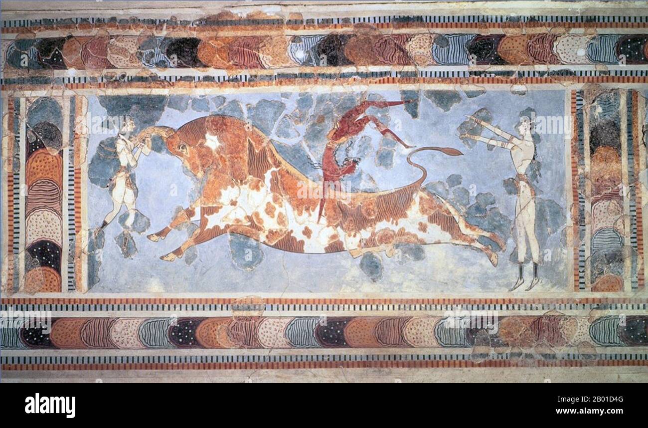 Greece: Fresco of an acrobat on a bull with two female acrobats on either side, Heraklion museum, Knossos, Crete, c. 1600-1450 BCE.  Knossos (alternative spellings Knossus, Cnossus, Greek Κνωσός), also known as Labyrinth, or Knossos Palace, is the largest Bronze Age archaeological site on Crete and probably the ceremonial and political centre of the Minoan civilisation and culture. The palace appears as a maze of workrooms, living spaces, and store rooms close to a central square.   Detailed images of Cretan life in the late Bronze Age are provided by images on the walls of this palace. Stock Photo