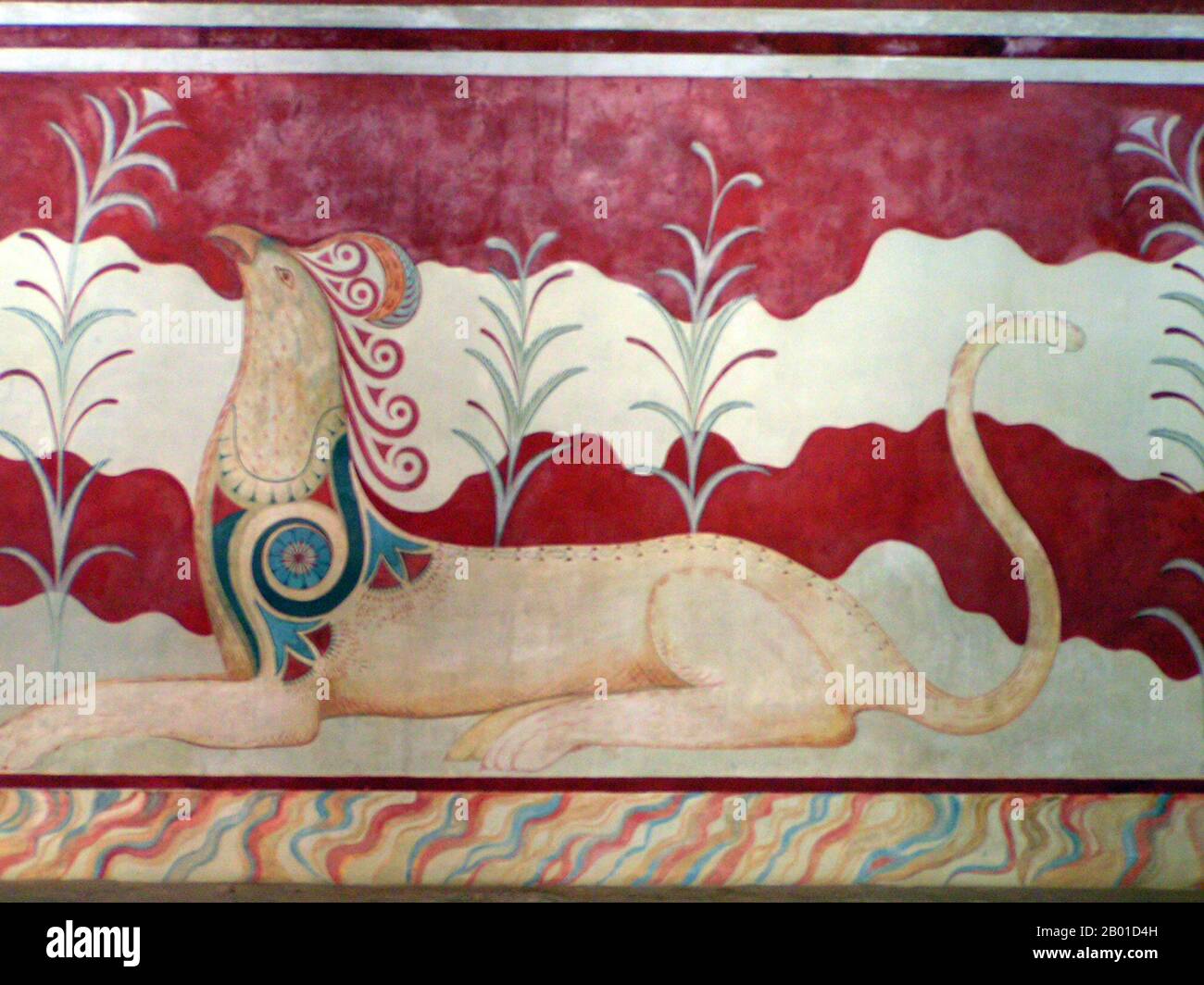 Greece: Fresco of a griffin in the throne room, Knossos, Crete, c. 1600-1450 BCE. Photo by Paginazero (CC BY-SA 3.0 License).  Knossos (alternative spellings Knossus, Cnossus, Greek Κνωσός), also known as Labyrinth, or Knossos Palace, is the largest Bronze Age archaeological site on Crete and probably the ceremonial and political centre of the Minoan civilisation and culture. The palace appears as a maze of workrooms, living spaces, and store rooms close to a central square.  Detailed images of Cretan life in the late Bronze Age are provided by images on the walls of this palace. Stock Photo