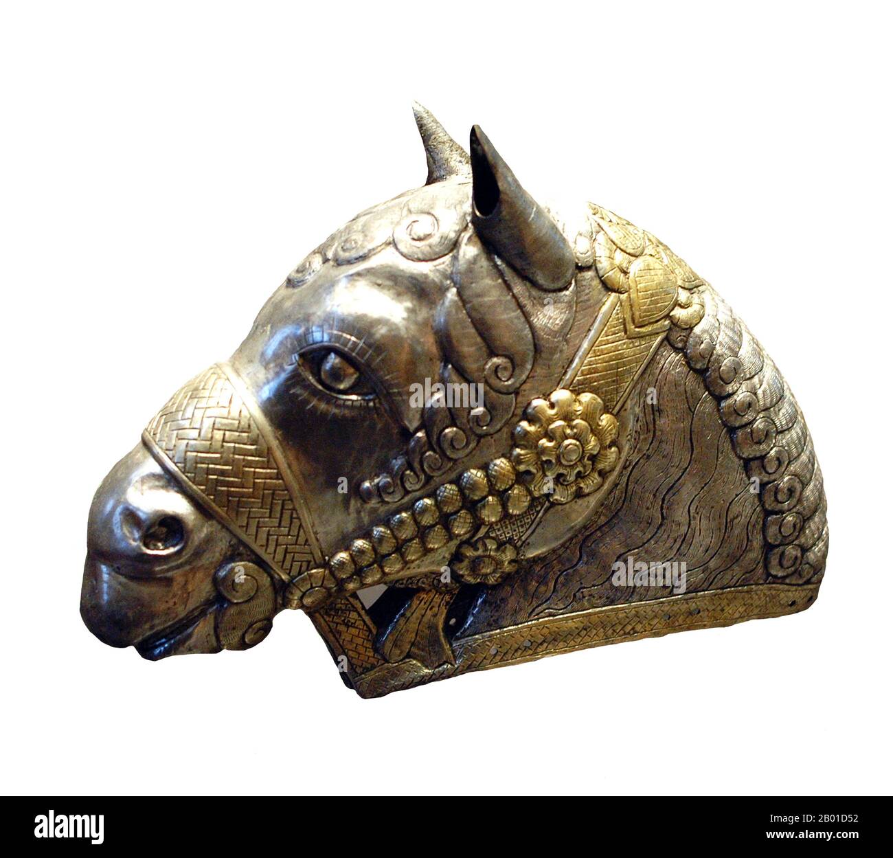 Iran: A horse head in gilded silver found at Kerman, Sassanian Persia, 4th century CE.  The Sassanid Empire (also spelled Sasanid Empire, Sassanian Empire or Sasanian Empire), known to its inhabitants as Ērānshahr in Middle Persian and resulting in the New Persian terms Iranshahr and Iran, was the last pre-Islamic Persian Empire, ruled by the Sasanian Dynasty from 224 to 651. The empire, succeeding the Parthian Empire, was recognised as one of the two main powers in Western Asia and Europe, alongside the Roman Empire and its successor, the Byzantine Empire, for a period of over 400 years. Stock Photo