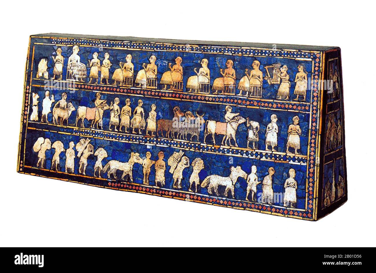 Iraq: The peace side of the Standard of Ur (also known as the 'Battle Standard of Ur', or the 'Royal Standard of Ur'), a Sumerian artifact excavated from the Royal Cemetery in the ancient city of Ur, located in modern-day Iraq to the south of Baghdad, c. 2600 BCE.  The Standard of Ur survived in only a fragmentary condition, as the effects of time over the last several millennia had decayed the wooden frame and bitumen glue which had cemented the mosaic in place. The weight of the soil had crushed the object, fragmenting it and breaking the end panels. Stock Photo