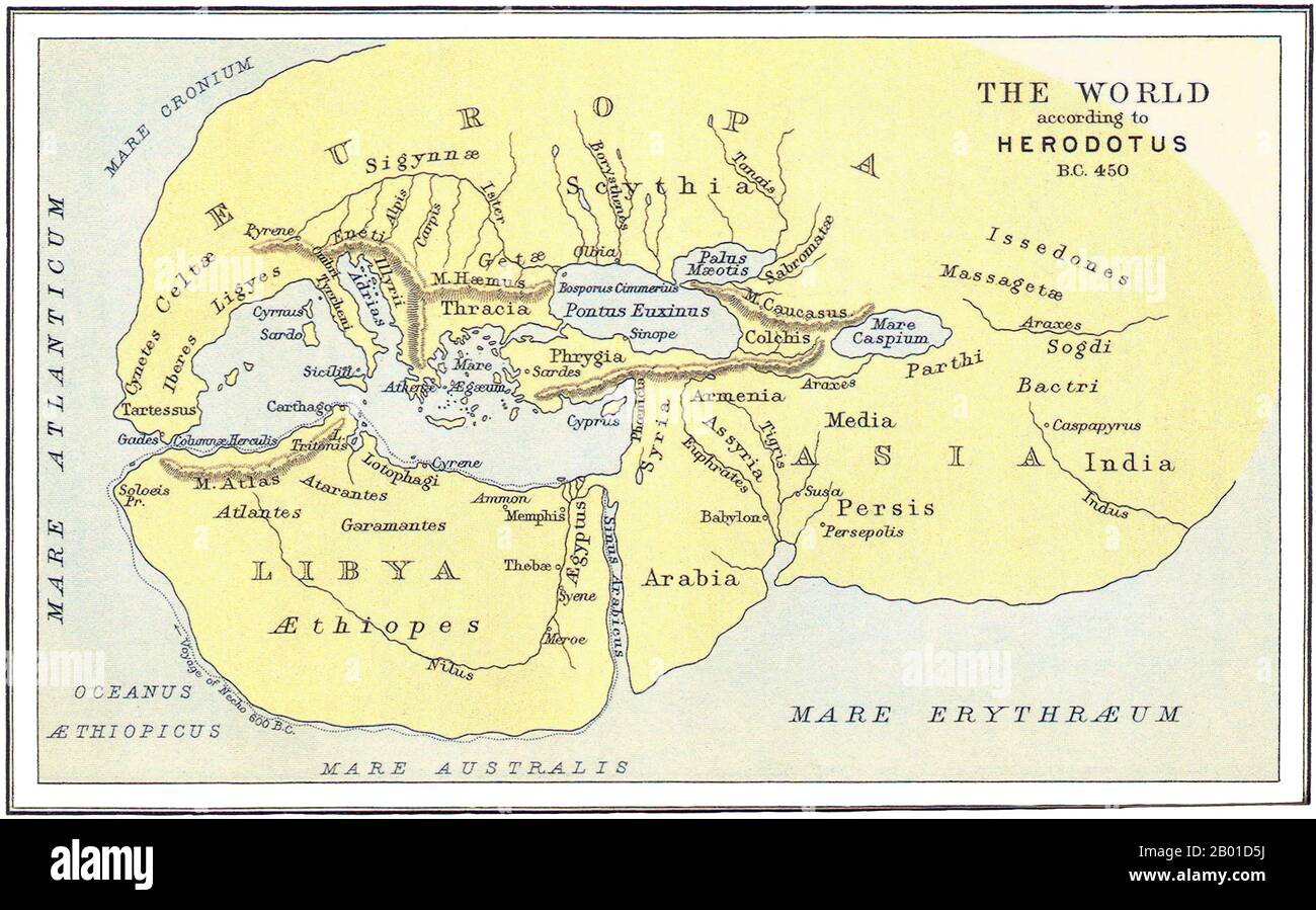 Greece/Turkey: Map of the World according to Herodotus (c. 484 - c. 425 BCE), c. 450 BCE.  Herodotus (Greek: Hēródotos) was an ancient Greek historian who was born in Halicarnassus, Caria (modern day Bodrum, Turkey) and lived in the 5th century BCE.  He has been called the 'Father of History' since he was the first historian known to collect his materials systematically, test their accuracy to a certain extent and arrange them in a well-constructed and vivid narrative.  The Histories - his masterpiece and only known work - is an investigation of the origins of the Greco-Persian Wars. Stock Photo