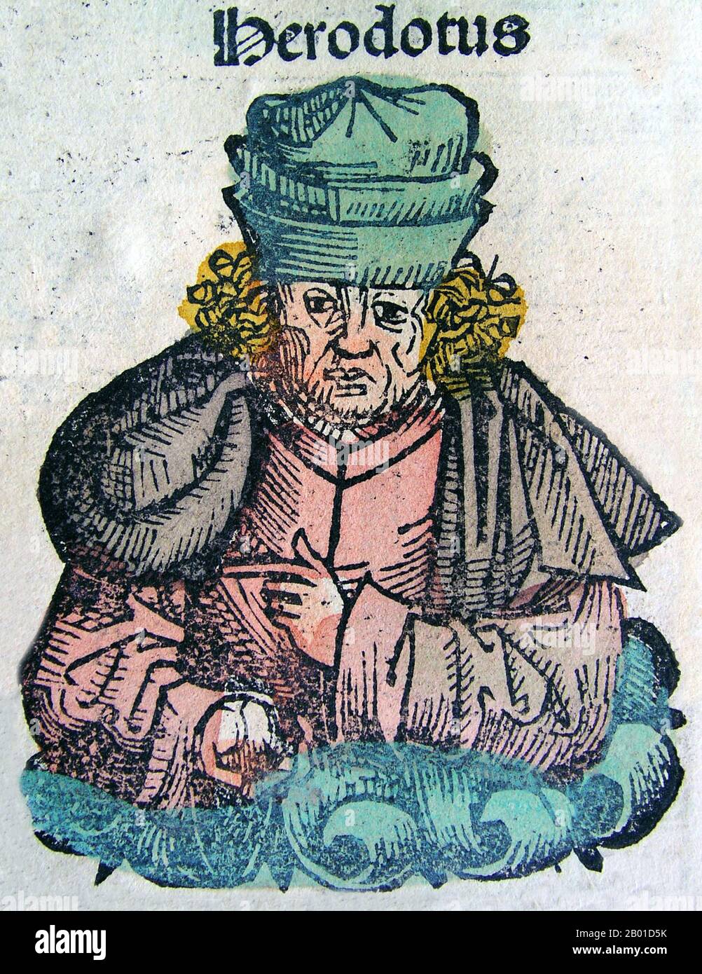 Greece/Turkey: Herodotus (c. 484 - c. 425 BCE), the 'Father of History', as depicted in the Nuremberg Chronicle by Michael Wolgemut (1434-1519) & Wilhelm Playdenwurff (1460-1494), 1493.  Herodotus (Greek: Hēródotos) was an ancient Greek historian who was born in Halicarnassus, Caria (modern day Bodrum, Turkey) and lived in the 5th century BCE.  He has been called the 'Father of History' since he was the first historian known to collect his materials systematically, test their accuracy to a certain extent and arrange them in a well-constructed and vivid narrative. Stock Photo