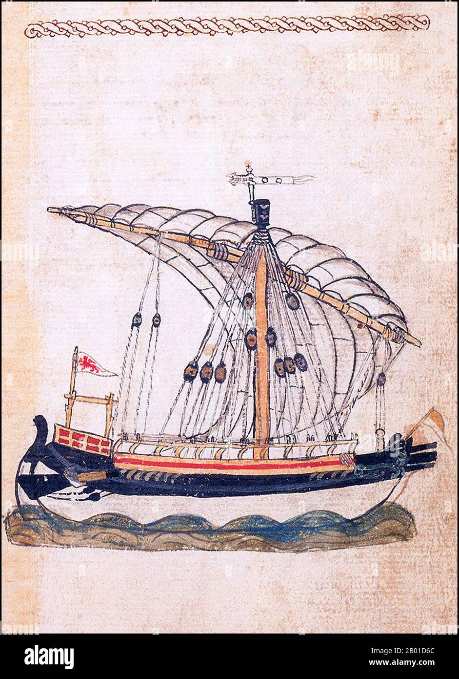 Italy: A Venetian galley under sail. Illustration from a manuscript by Michael of Rhodes (1385-1445), 1434.  Michael of Rhodes, a Venetian galley commander, wrote a manuscript describing his knowledge of mathematics, ships, navigation and time reckoning. It contains some of the earliest surviving portolan aids to navigation and is the world's first known treatise on shipbuilding. Stock Photo