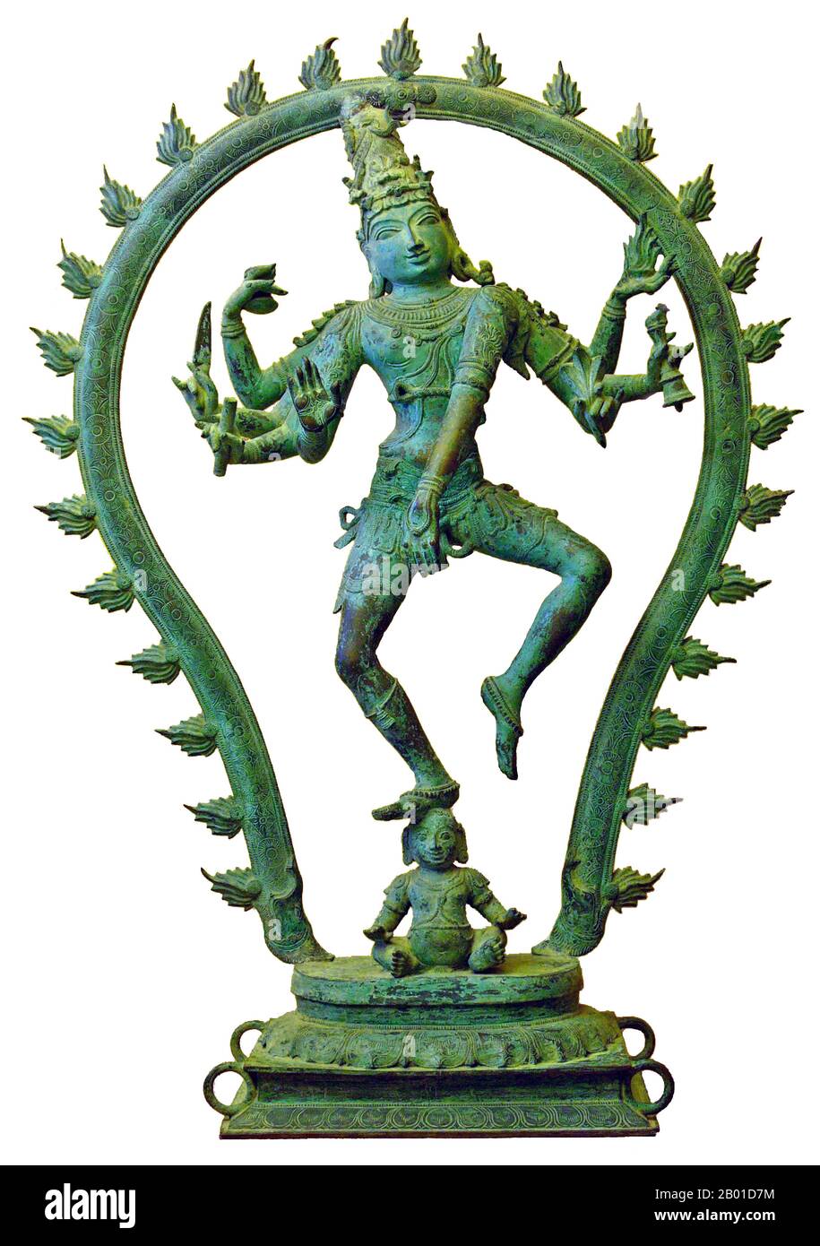 India: Shiva Nataraja or 'Dancing Shiva' from Pondicherry, c. 15th century CE. Bronze covered with green patina from weathering in salty air, placed for some hundred years in a temple close to the sea. Photo by Hannes Grobe (CC BY-SA 3.0 License).  Nataraja or Nataraj ('The Lord (or King) of Dance'; Tamil: Kooththan) is a Tamil depiction of the Hindu god Shiva as the cosmic dancer Koothan who performs his divine dance to destroy a weary universe and make preparations for the god Brahma to start the process of creation. Stock Photo