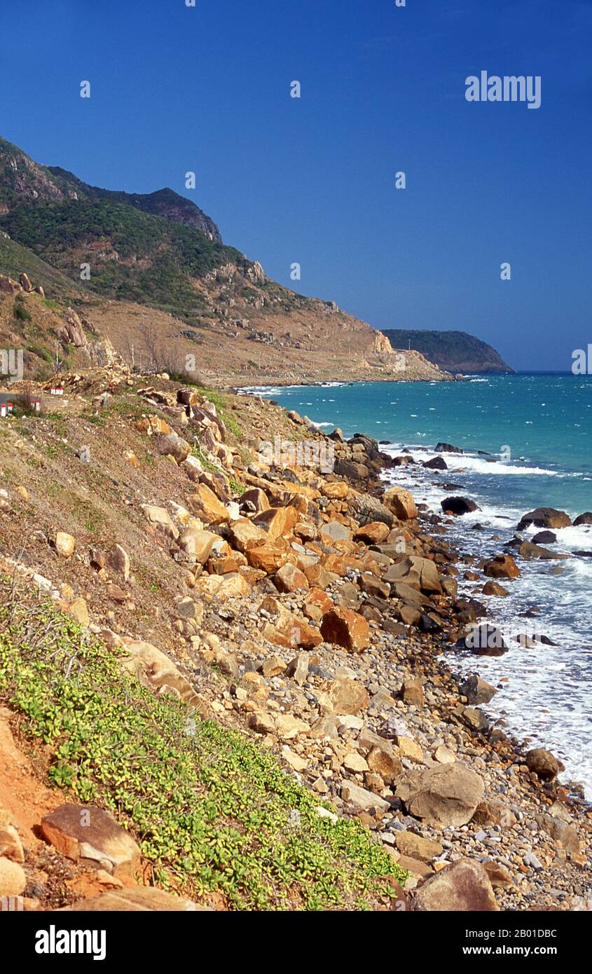 Vietnam: The rocky coastline of Con Son Island, Con Dao National Park, Con Dao Archipelago.  The Con Dao Islands (Vietnamese: Côn Đảo) are an archipelago of Bà Rịa–Vũng Tàu Province, in southeastern Vietnam, and are a district of this province. Situated at about 185 km (115 mi) from Vũng Tàu and 230 km (143 mi) from Hồ Chí Minh City (Saigon), the group includes 16 mountainous islands and islets. The total land area is 75 sq km, and the local population is about 5,000. The island group is served by Cỏ Ống Airport.  The archipelago was formerly known as Poulo Condore. Stock Photo