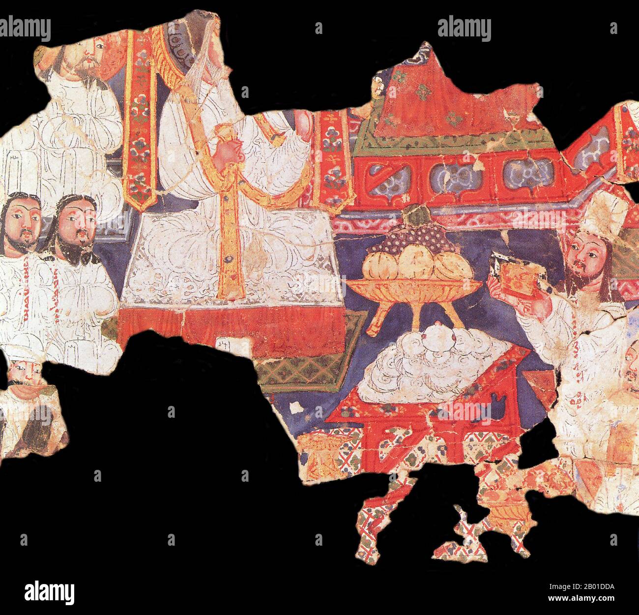 China: Fragment of a painting depicting a Manichaean ritual before an altar, from Turfan, Xinjiang, c. 8th-9th century.   Sacred meal of the elect at a festival of thanksgiving for Mani.  Manichaeism was the most important Gnostic religion. Central in the Manichaean teaching was dualism, that the world itself, and all creatures, were part of a battle between the good, represented by God, and the bad, the darkness, represented by a power driven by envy and lust.  Manichaeism spread over most of the known world of the 1st millennium CE, but disappeared by the 14th century and is now extinct. Stock Photo