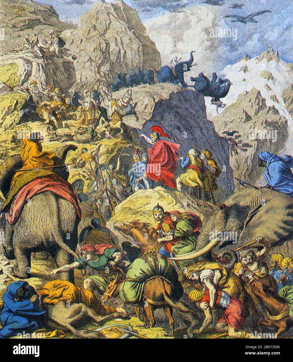 Tunisia/Italy: Hannibal's army crossing the Alps during the Second Punic War (218-201 BCE). Woodcut print by Heinrich Leutemann (1824-1905), 1866.  The Second Punic War (218 BCE - 201 BCE) is most remembered for the Carthaginian Hannibal's crossing of the Alps. He and his army invaded Italy from the north and resoundingly defeated the Roman army in several battles, but never achieved the ultimate goal of causing a political break between Rome and its allies.  While fighting Hannibal in Italy, Hispania and Sicily, Rome also simultaneously fought against Macedon in the First Macedonian War. Stock Photo