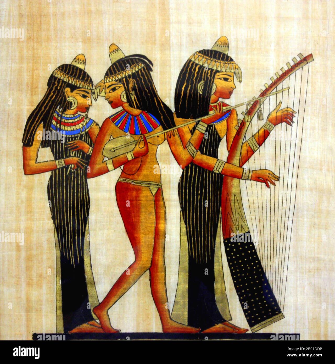 Egypt: Female musicians, modern painting on papyrus after 'Musicians of Amun', Tomb of Nakht, 18th Dynasty (1422-1411 BCE), Thebes.  The music of Egypt has been an integral part of Egyptian culture since ancient times. The ancient Egyptians credited one of their Gods Thoth with the invention of music, which Osiris in turn used as part of his effort to civilise the world.  The earliest material and representational evidence of Egyptian musical instruments dates to the Predynastic period, but the evidence is more securely attested in the Old Kingdom. Stock Photo