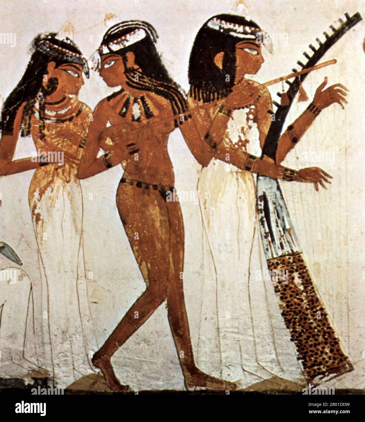 Egypt: Three female musicians, better known as the 'Musicians of Amun', Tomb of Nakht, 18th Dynasty (1422-1411 BCE), Thebes.  The music of Egypt has been an integral part of Egyptian culture since ancient times. The ancient Egyptians credited one of their Gods Thoth with the invention of music, which Osiris in turn used as part of his effort to civilise the world.  The earliest material and representational evidence of Egyptian musical instruments dates to the Predynastic period, but the evidence is more securely attested in the Old Kingdom when harps, flutes and double clarinets were played. Stock Photo