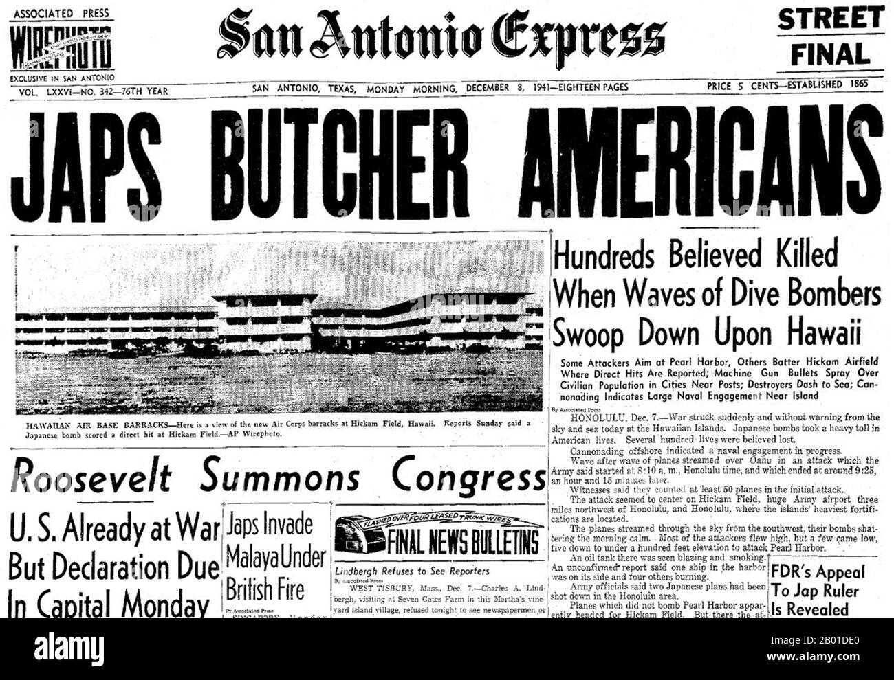 USA/Japan: Headline of the San Antonio Express (Texas) on 8 December, 1941, the day after the Japanese attack on Pearl Harbour.  The attack on Pearl Harbor was a surprise military strike conducted by the Imperial Japanese Navy against the United States naval base at Pearl Harbor, Hawaii, on the morning of December 7, 1941 (December 8 in Japan).  The attack was intended as a preventive action in order to keep the U.S. Pacific Fleet from interfering with military actions the Empire of Japan was planning in Southeast Asia. Stock Photo