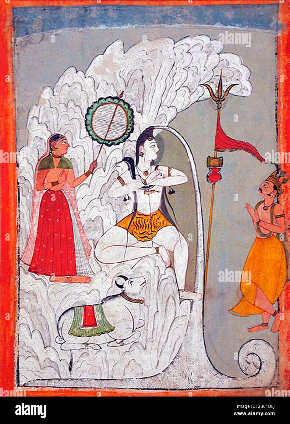 India: 'Shiva Bearing the Descent of the Ganges River'. Watercolour folio from a Hindi manuscript by the saint Narayan, c. 1740.  Shiva bearing the descent of the Ganges River as Parvati and Bhagiratha and the bull Nandi look on.  Told and retold in the Ramayana, the Mahabharata and several Puranas, the story begins with a sage, Kapila, whose intense meditation has been disturbed by the sixty thousand sons of King Sagara. Livid at being disturbed, Kapila sears them with his angry gaze, reduces them to ashes, and dispatches them to the netherworld. Stock Photo