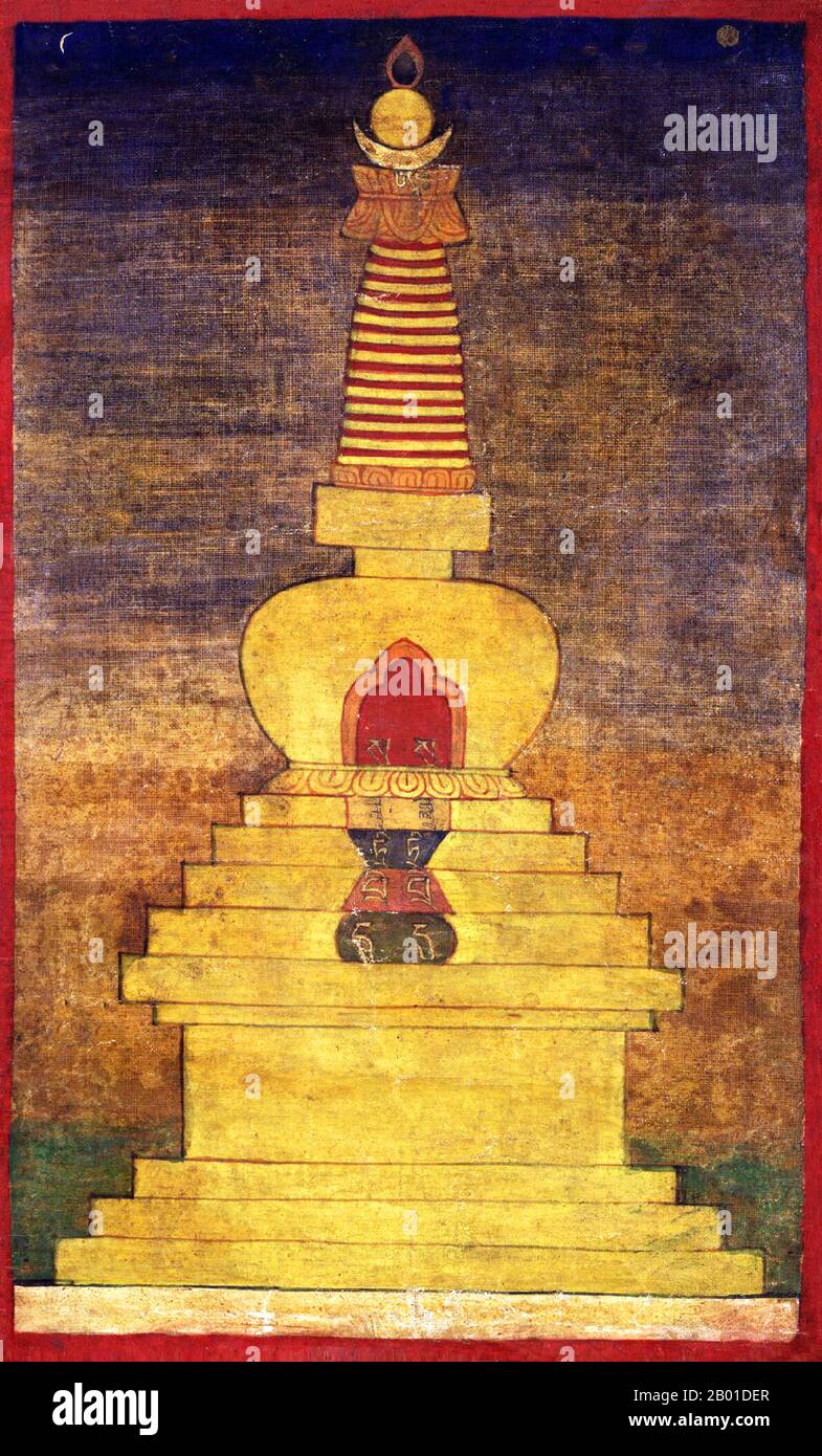China/Tibet: A Buddhist chorten or stupa, mid-18th century.  A stupa (Sanskrit: stūpa, Pāli: thūpa, literally meaning 'heap') is a mound-like structure containing Buddhist relics, typically the remains of Buddha, used by Buddhists as a place of worship.  The term 'chorten' is used for a stupa in Tibetan Buddhism, notably in Tibet, Bhutan, Sikkim, parts of Nepal and Mongolia.  Stupas are an ancient form of mandala. Stock Photo