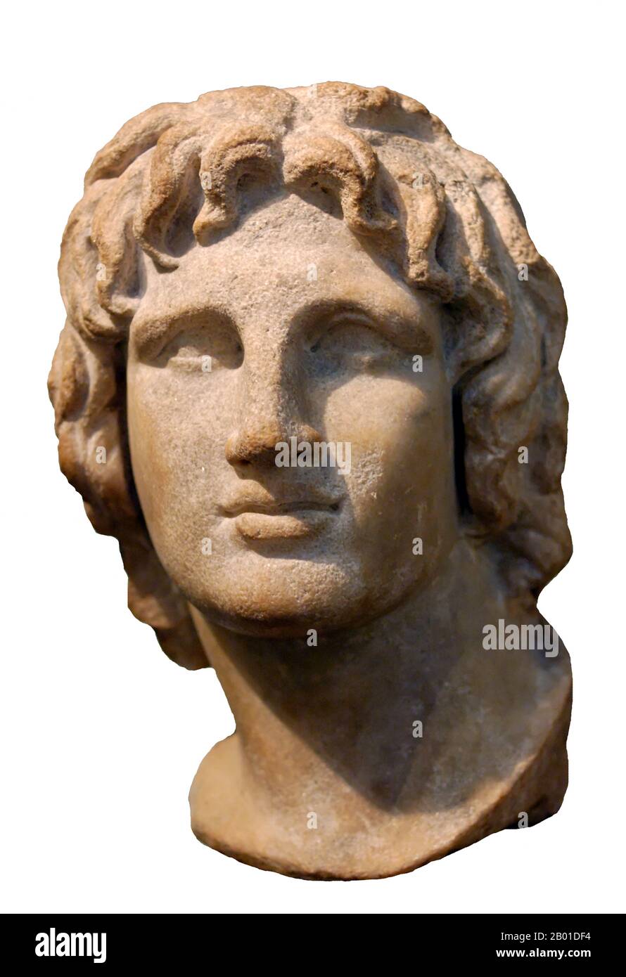 Greece: Marble bust of Alexander the Great at the British Museum, London, 2nd-1st century BCE.  Alexander III of Macedon (20/21 July 356 - 10/11 June 323 BC), commonly known as Alexander the Great (Greek: Mégas Aléxandros), was a king of Macedon, a state in the north eastern region of Greece, and by the age of thirty was the creator of one of the largest empires in ancient history, stretching from the Ionian Sea to the Himalaya.  He was undefeated in battle and is considered one of the most successful commanders of all time. Stock Photo