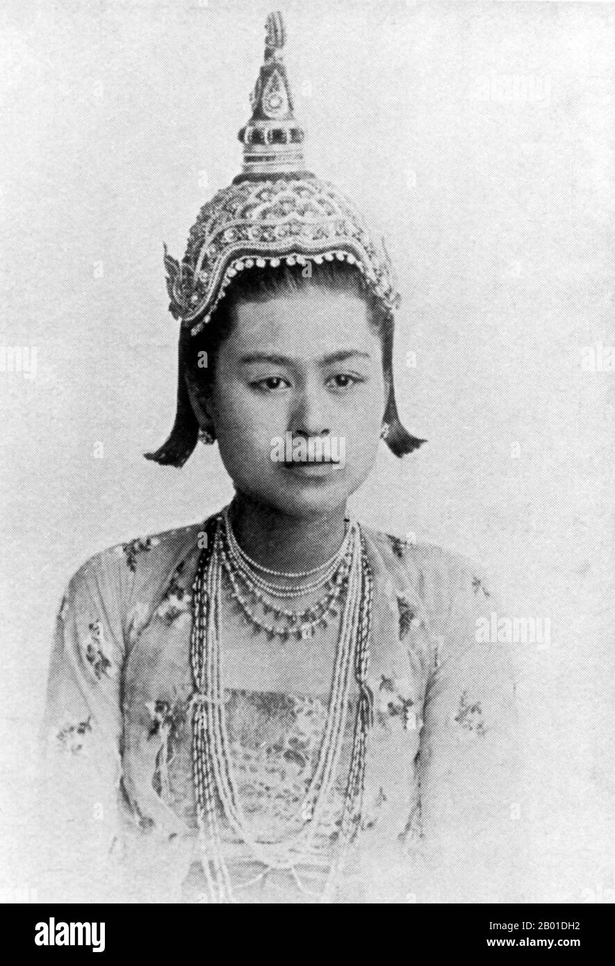 Burma: A Burman princess. Photo by Max Henry Ferrars (28 October 1846 - 7 February 1933) c. 1900.  The British conquest of Burma began in 1824 in response to a Burmese attempt to invade India. By 1886, and after two further wars, Britain had incorporated the entire country into the British Raj. To stimulate trade and facilitate changes, the British brought in Indians and Chinese, who quickly displaced the Burmese in urban areas. To this day Rangoon and Mandalay have large ethnic Indian populations. Railways and schools were built, as well as a large number of prisons. Stock Photo