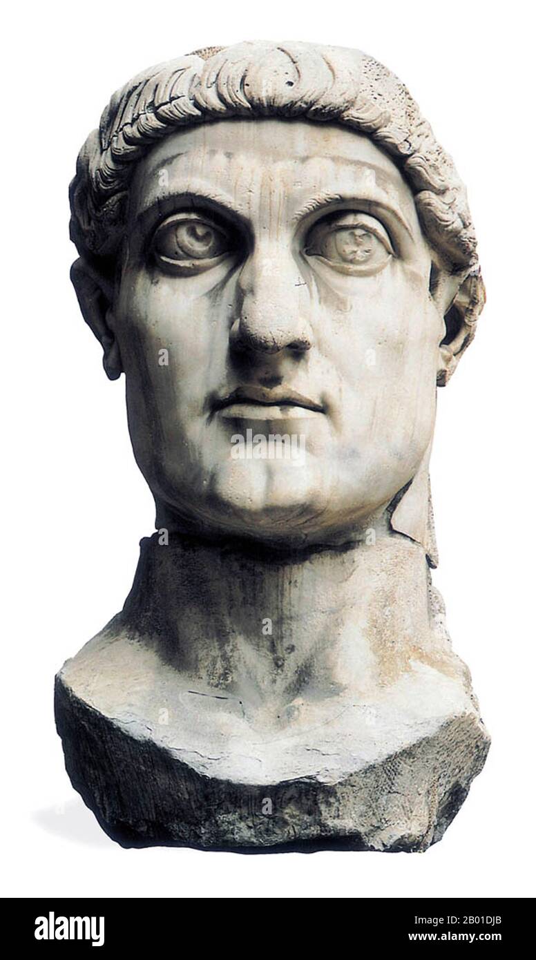 Italy: Head of Constantine the Great (Latin: Flavius Valerius Aurelius Constantinus Augustus, c. 27 February 272 – 22 May 337), also known as Constantine I or Saint Constantine, Roman Emperor (r. 306-337). Destroyed marble statue, c. 312-315.  The Colossus of Constantine was a colossal acrolithic statue of the late Roman emperor Constantine the Great (c. 280–337) that once occupied the west apse of the Basilica of Maxentius near the Forum Romanum in Rome. Portions of the Colossus now reside in the Courtyard of the Palazzo dei Conservatori of the Musei Capitolini, on the Capitoline Hill. Stock Photo