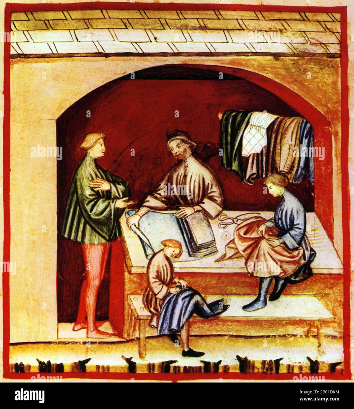 Iraq/Italy: Preparing silk clothing at a tailor's shop. Illustration from Ibn Butlan's Taqwim al-sihha or 'Maintenance of Health', published in Italy as the Tacuinum Sanitatis, 14th century.  The Tacuinum (sometimes Taccuinum) Sanitatis is a medieval handbook on health and wellbeing, based on the Taqwim al‑sihha, an eleventh-century Arab medical treatise by Ibn Butlan of Baghdad.  Ibn Butlân was a Christian physician born in Baghdad and who died in 1068.  He set forth six elements necessary to maintain daily health. Stock Photo