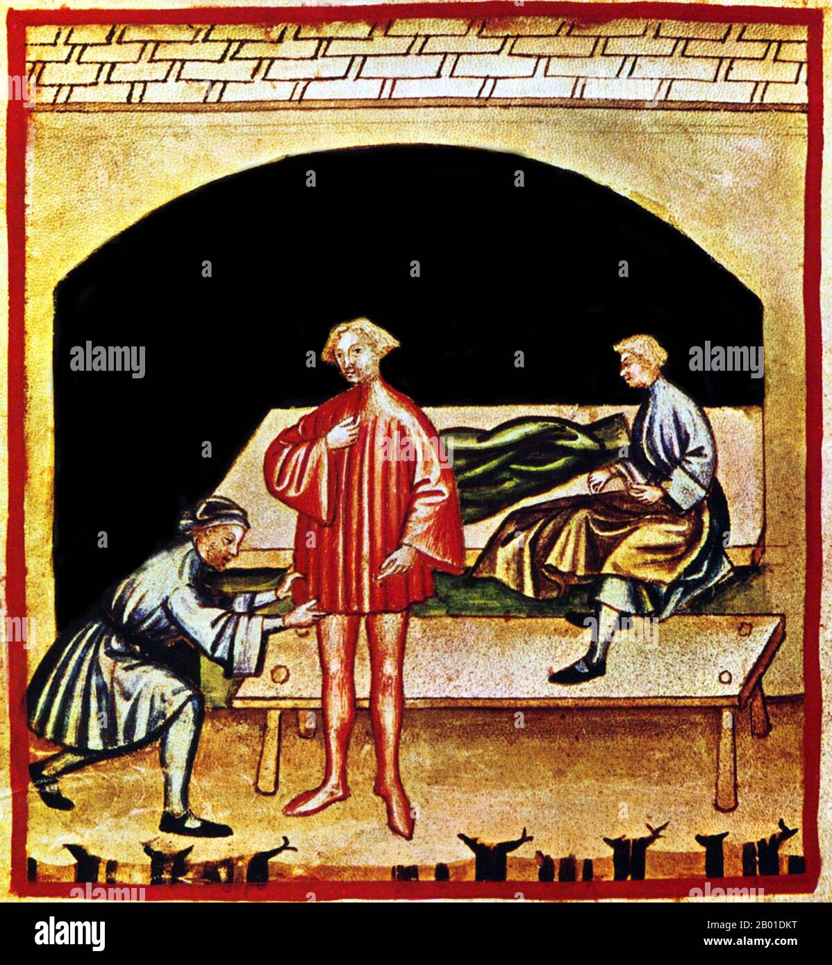 Iraq/Italy: Fitting woolen clothing at a tailor's shop. Illustration from Ibn Butlan's Taqwim al-sihha or 'Maintenance of Health', published in Italy as the Tacuinum Sanitatis, 14th century.  The Tacuinum (sometimes Taccuinum) Sanitatis is a medieval handbook on health and wellbeing, based on the Taqwim al‑sihha, an eleventh-century Arab medical treatise by Ibn Butlan of Baghdad.  Ibn Butlân was a Christian physician born in Baghdad and who died in 1068.  He set forth six elements necessary to maintain daily health. Stock Photo