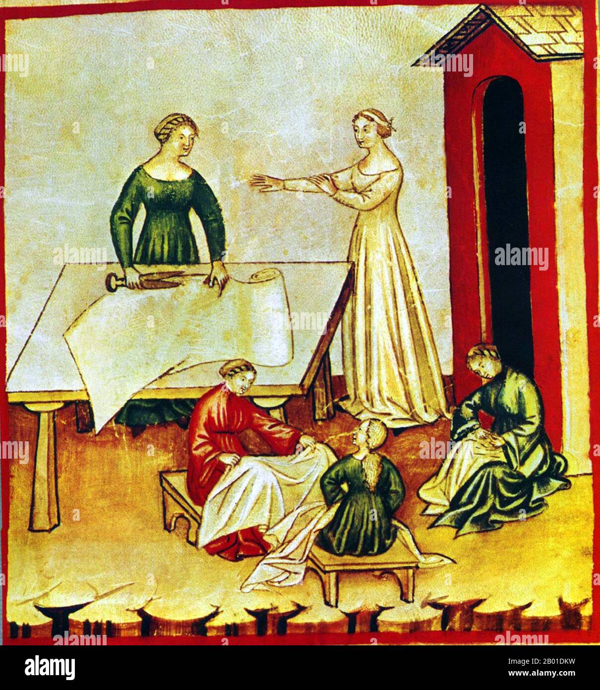 Iraq/Italy: Cutting linen at a tailor's shop. Illustration from Ibn Butlan's Taqwim al-sihha or 'Maintenance of Health', published in Italy as the Tacuinum Sanitatis, 14th century.  The Tacuinum (sometimes Taccuinum) Sanitatis is a medieval handbook on health and wellbeing, based on the Taqwim al‑sihha, an eleventh-century Arab medical treatise by Ibn Butlan of Baghdad.  Ibn Butlân was a Christian physician born in Baghdad and who died in 1068.  He set forth six elements necessary to maintain daily health. Stock Photo